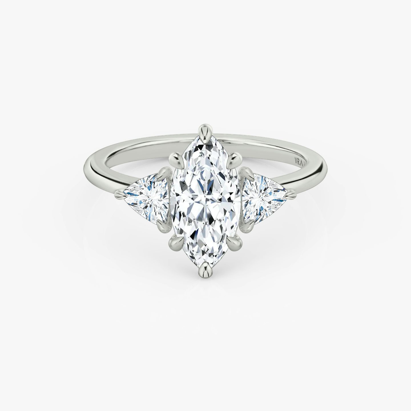 The Three Stone | Pavé Marquise | 18k | 18k White Gold | Band: Plain | Side stone carat: 1/4 | Side stone shape: Trillion | Diamond orientation: vertical | Carat weight: See full inventory