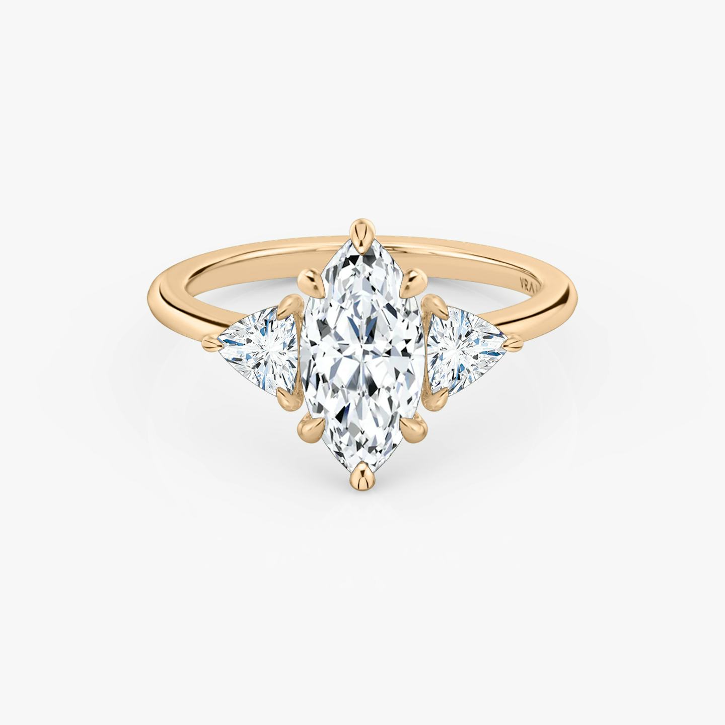The Three Stone | Pavé Marquise | 14k | 14k Rose Gold | Band: Plain | Side stone carat: 1/4 | Side stone shape: Trillion | Diamond orientation: vertical | Carat weight: See full inventory