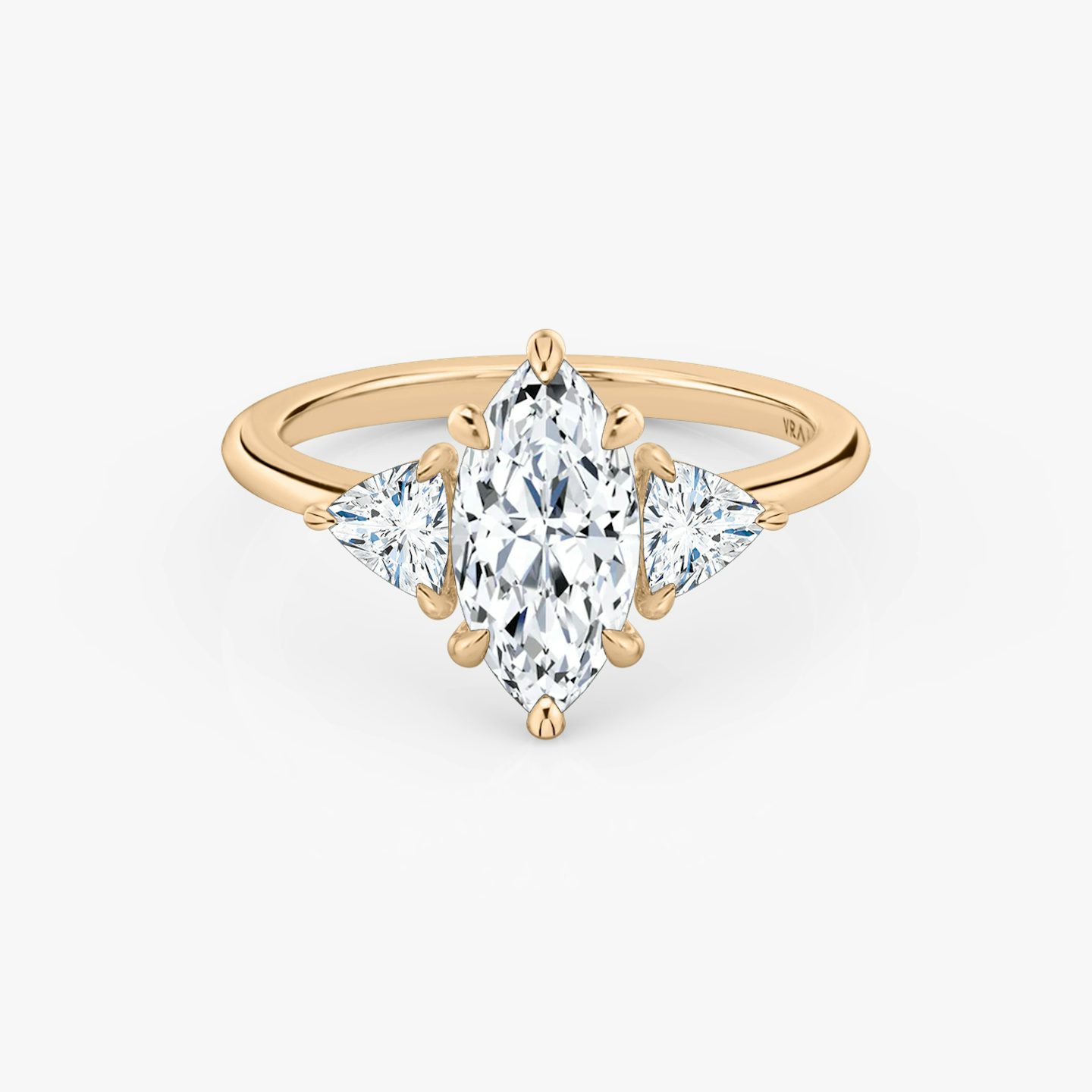 The Three Stone | Pavé Marquise | 14k | 14k Rose Gold | Band: Plain | Side stone carat: 1/4 | Side stone shape: Trillion | Diamond orientation: vertical | Carat weight: See full inventory