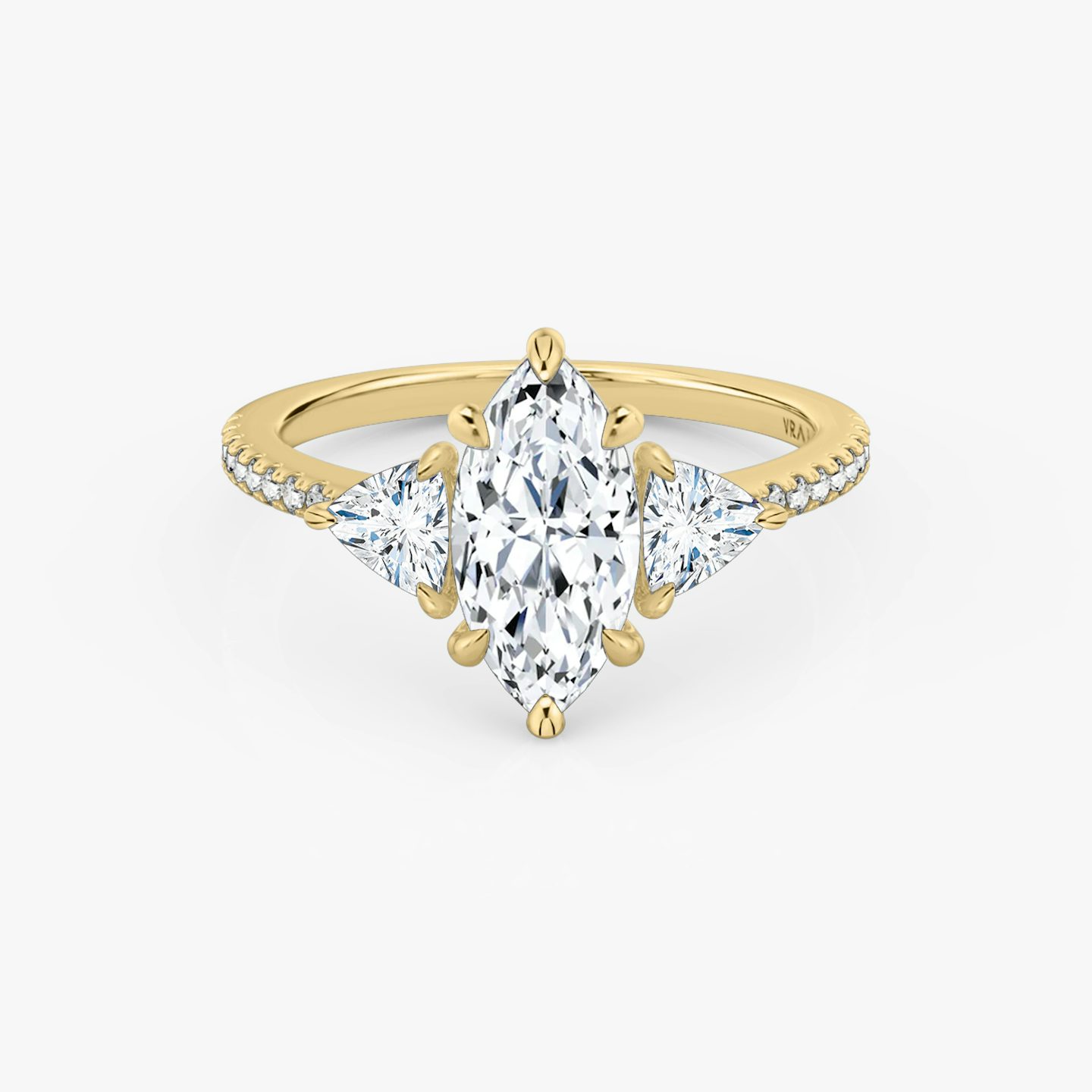The Three Stone | Pavé Marquise | 18k | 18k Yellow Gold | Band: Pavé | Side stone carat: 1/4 | Side stone shape: Trillion | Diamond orientation: vertical | Carat weight: See full inventory