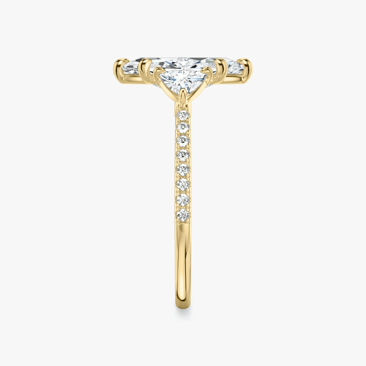 The Three Stone | Pavé Marquise | 18k | 18k Yellow Gold | Band: Pavé | Side stone carat: 1/4 | Side stone shape: Trillion | Diamond orientation: vertical | Carat weight: See full inventory