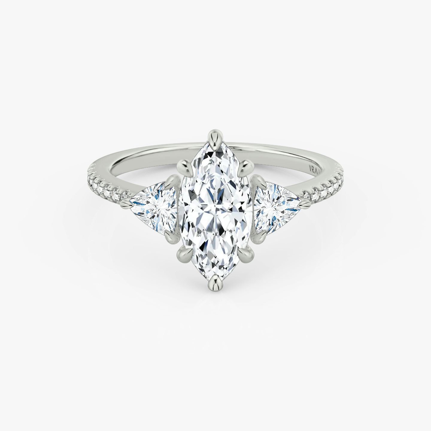 The Three Stone | Pavé Marquise | 18k | 18k White Gold | Band: Pavé | Side stone carat: 1/4 | Side stone shape: Trillion | Diamond orientation: vertical | Carat weight: See full inventory