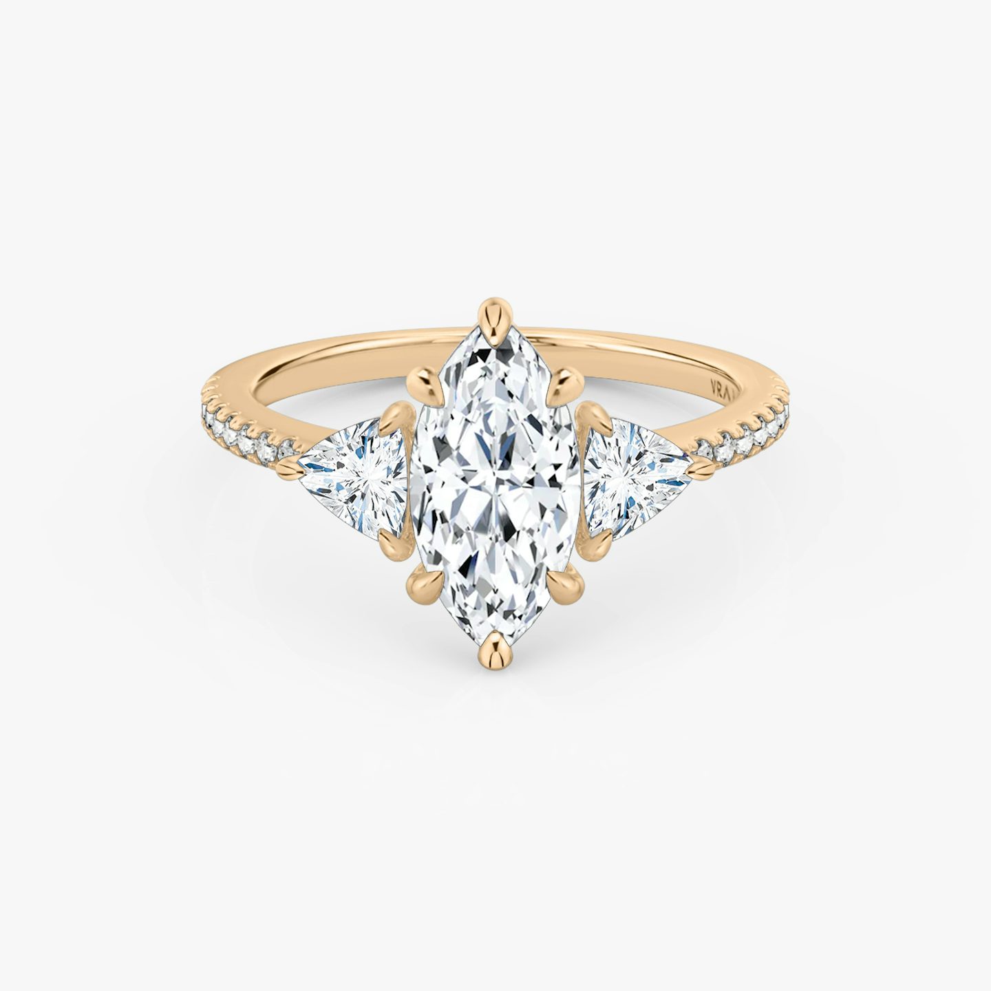 The Three Stone | Pavé Marquise | 14k | 14k Rose Gold | Band: Pavé | Side stone carat: 1/4 | Side stone shape: Trillion | Diamond orientation: vertical | Carat weight: See full inventory