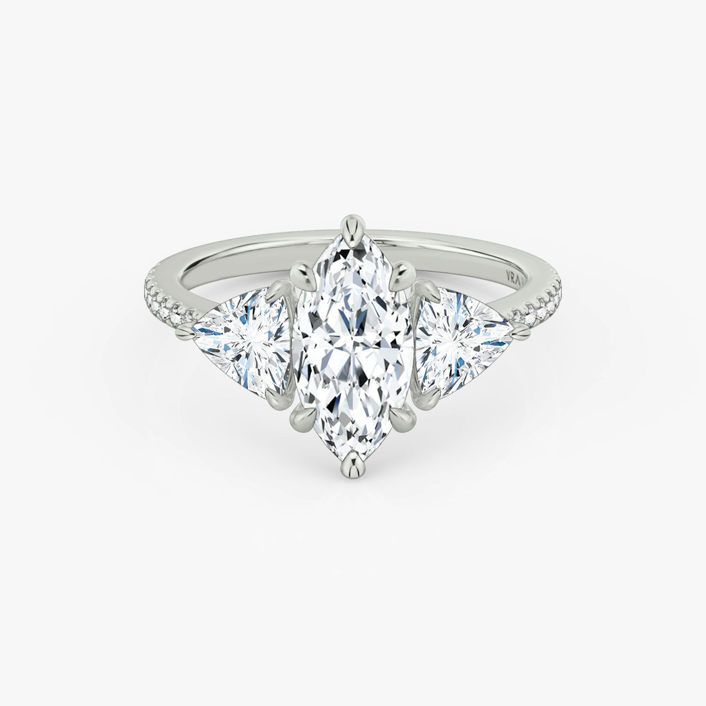 The Three Stone | Pavé Marquise | 18k | 18k White Gold | Band: Pavé | Side stone carat: 1/2 | Side stone shape: Trillion | Diamond orientation: vertical | Carat weight: See full inventory