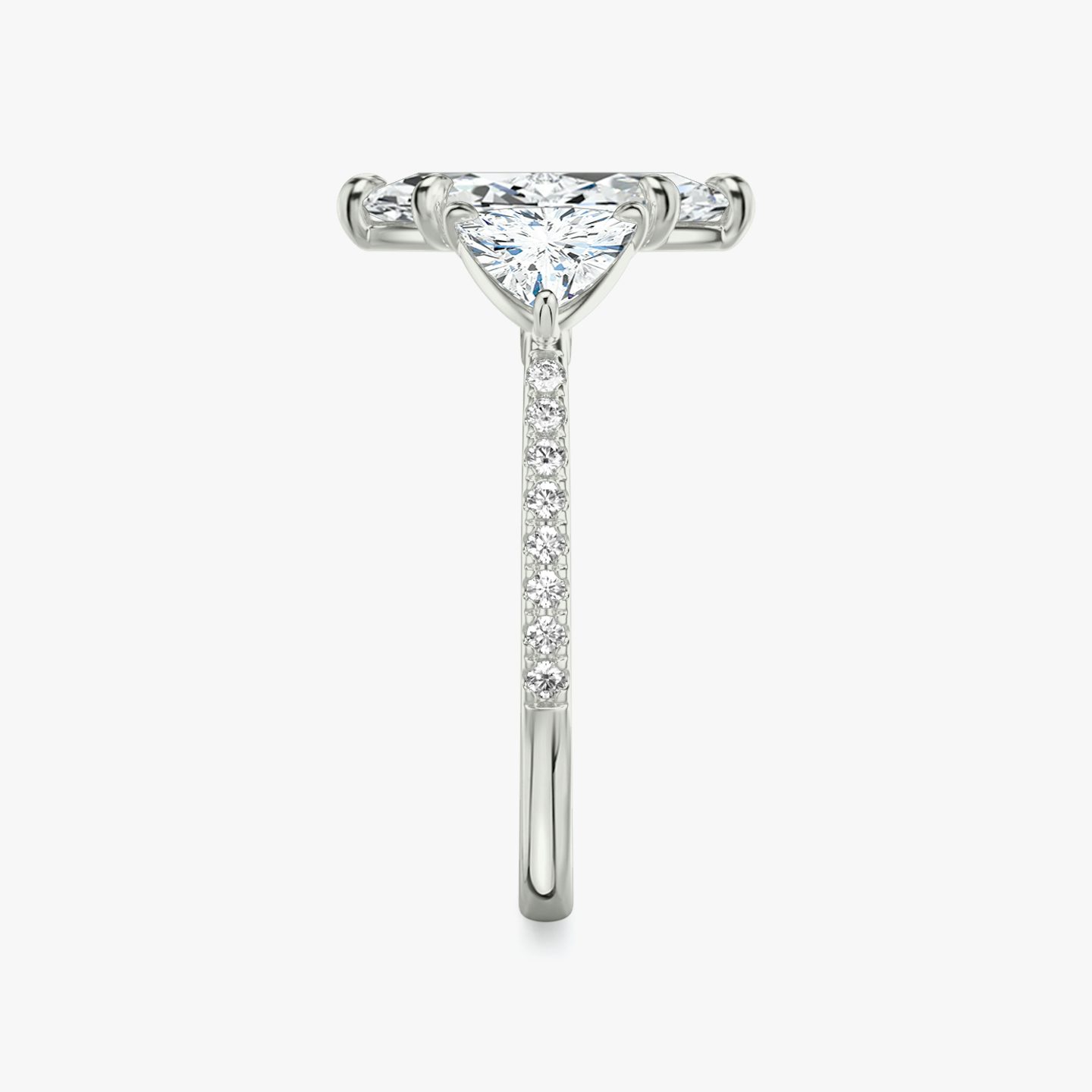 The Three Stone | Pavé Marquise | 18k | 18k White Gold | Band: Pavé | Side stone carat: 1/2 | Side stone shape: Trillion | Diamond orientation: vertical | Carat weight: See full inventory