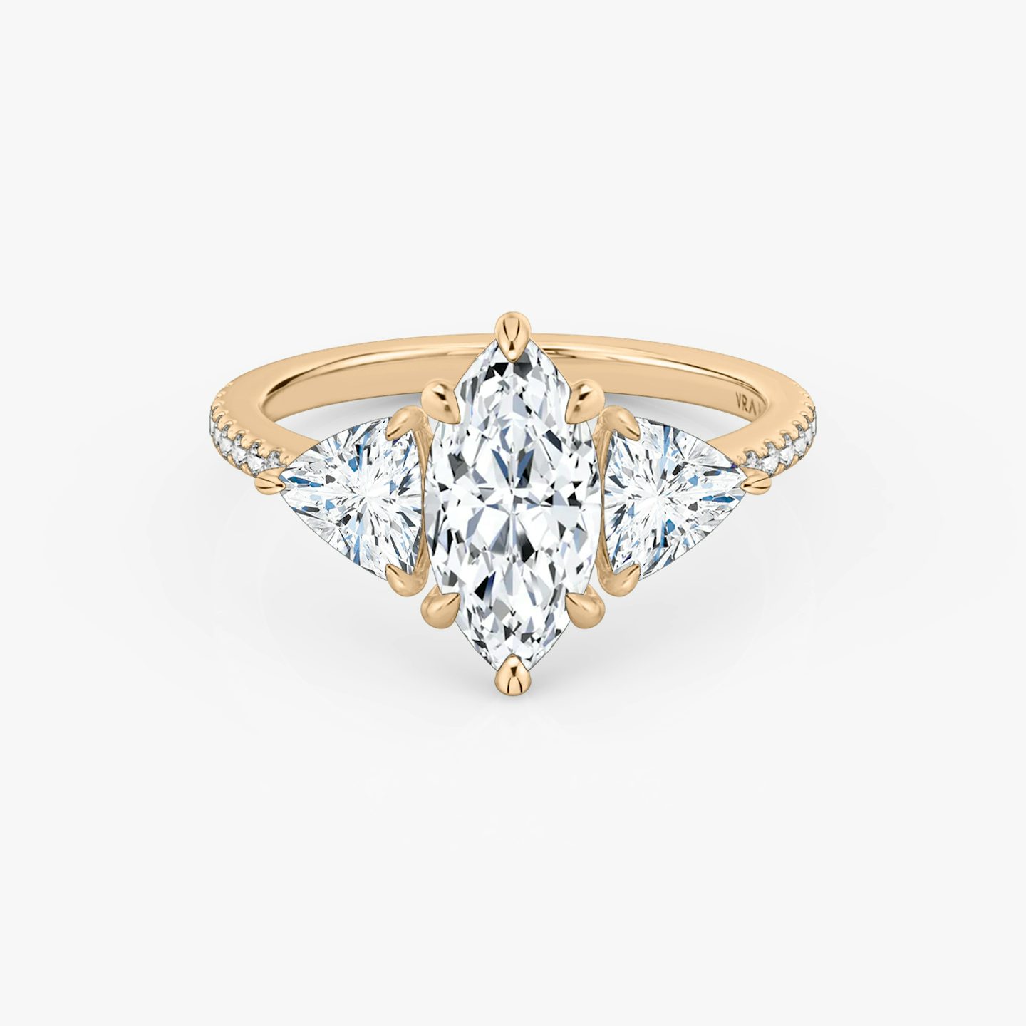 The Three Stone | Pavé Marquise | 14k | 14k Rose Gold | Band: Pavé | Side stone carat: 1/2 | Side stone shape: Trillion | Diamond orientation: vertical | Carat weight: See full inventory