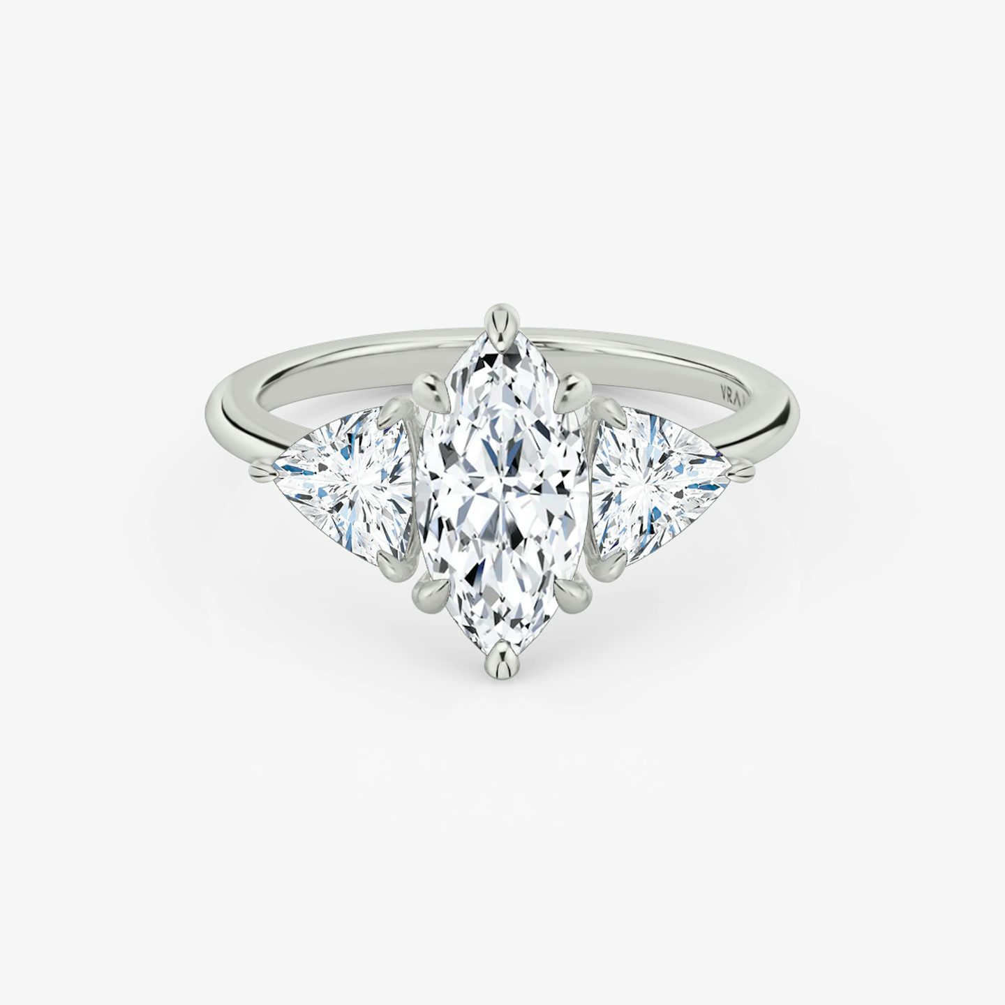 The Three Stone | Pavé Marquise | 18k | 18k White Gold | Band: Plain | Side stone carat: 1/2 | Side stone shape: Trillion | Diamond orientation: vertical | Carat weight: See full inventory