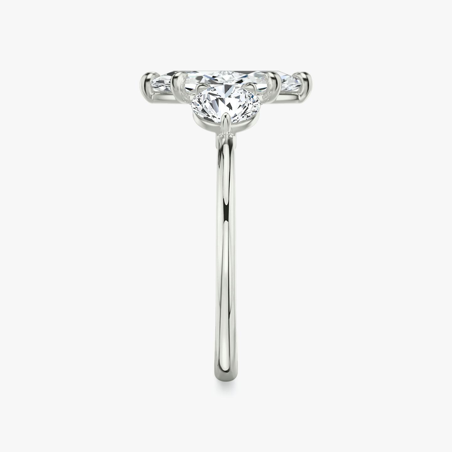 The Three Stone | Pavé Marquise | Platinum | Band: Plain | Side stone carat: 1/2 | Side stone shape: Round Brilliant | Diamond orientation: vertical | Carat weight: See full inventory