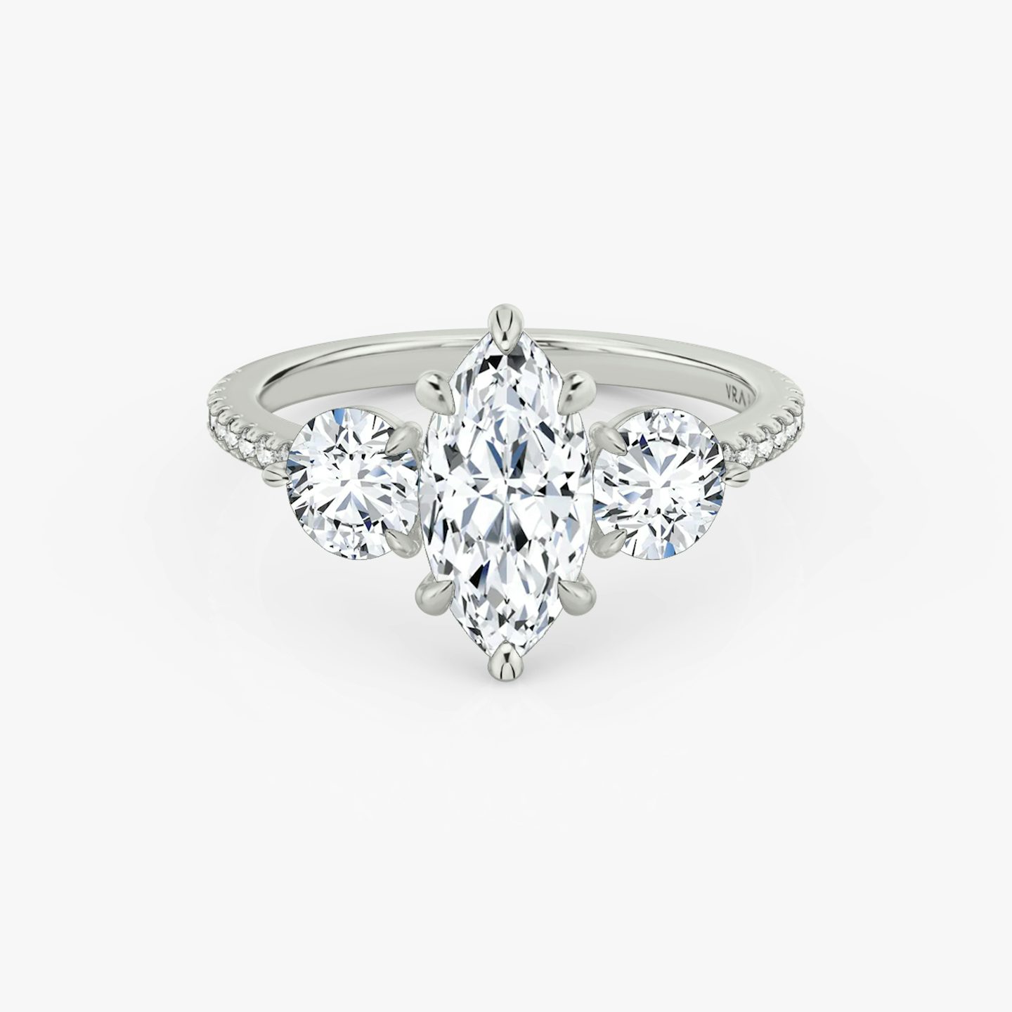 The Three Stone | Pavé Marquise | 18k | 18k White Gold | Band: Pavé | Side stone carat: 1/2 | Side stone shape: Round Brilliant | Diamond orientation: vertical | Carat weight: See full inventory