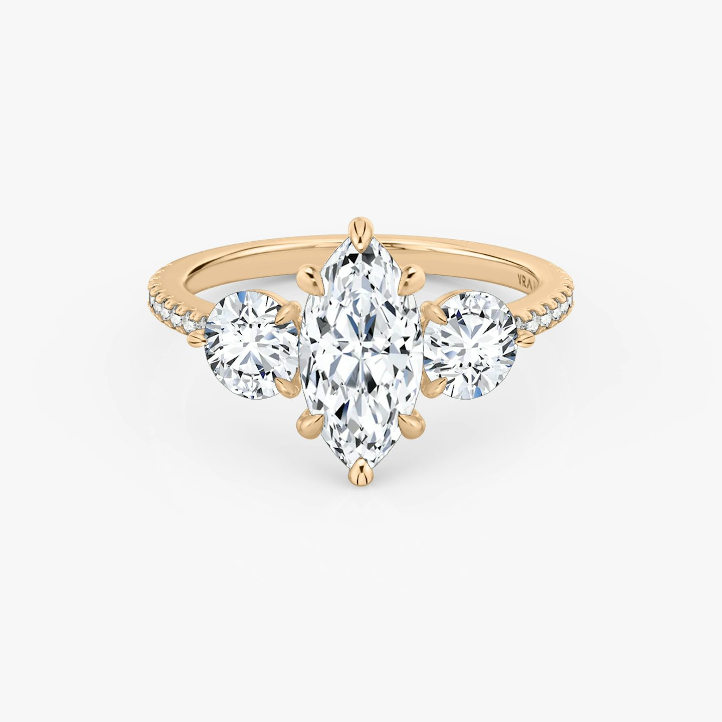 The Three Stone | Pavé Marquise | 14k | 14k Rose Gold | Band: Pavé | Side stone carat: 1/2 | Side stone shape: Round Brilliant | Diamond orientation: vertical | Carat weight: See full inventory