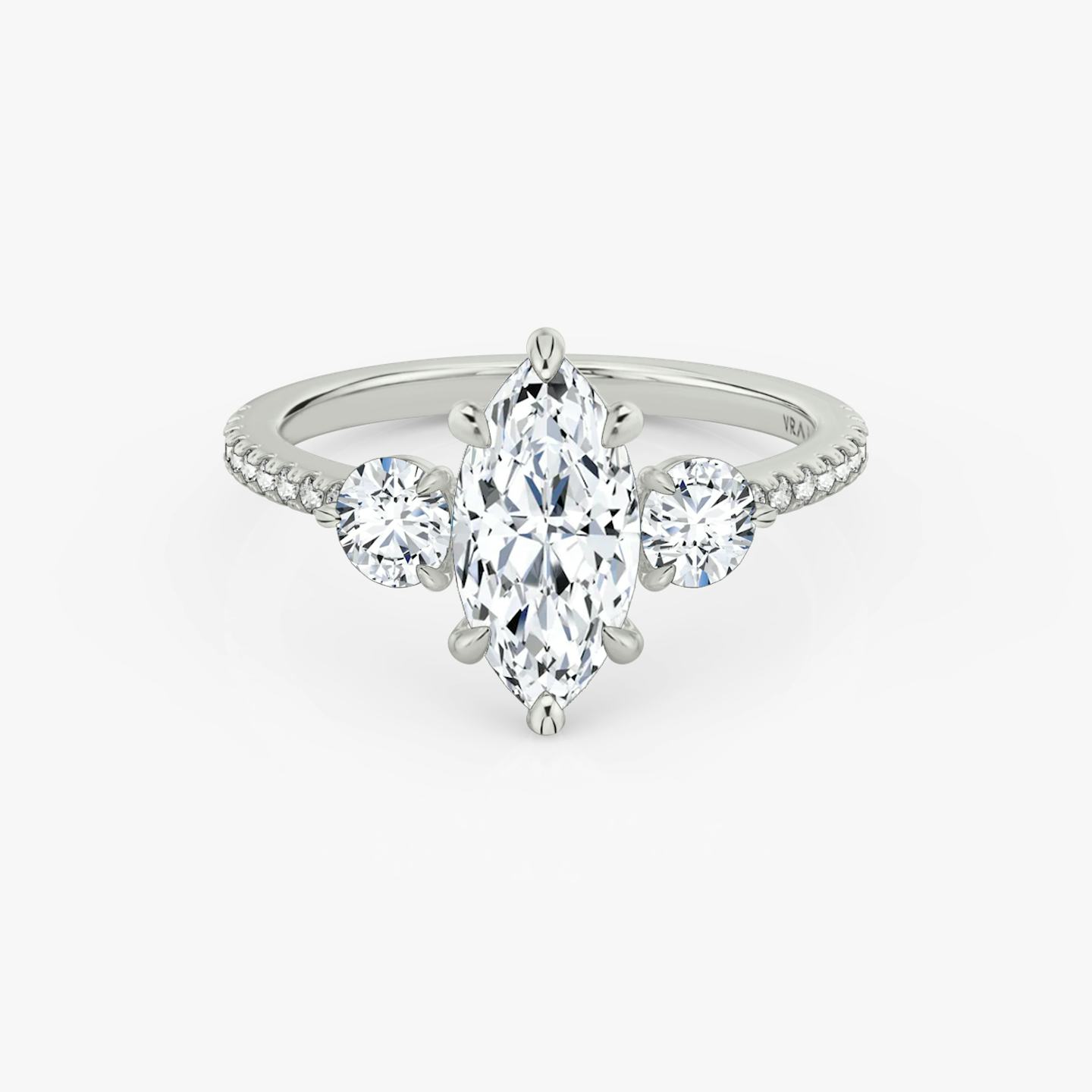 The Three Stone | Pavé Marquise | Platinum | Band: Pavé | Side stone carat: 1/4 | Side stone shape: Round Brilliant | Diamond orientation: vertical | Carat weight: See full inventory