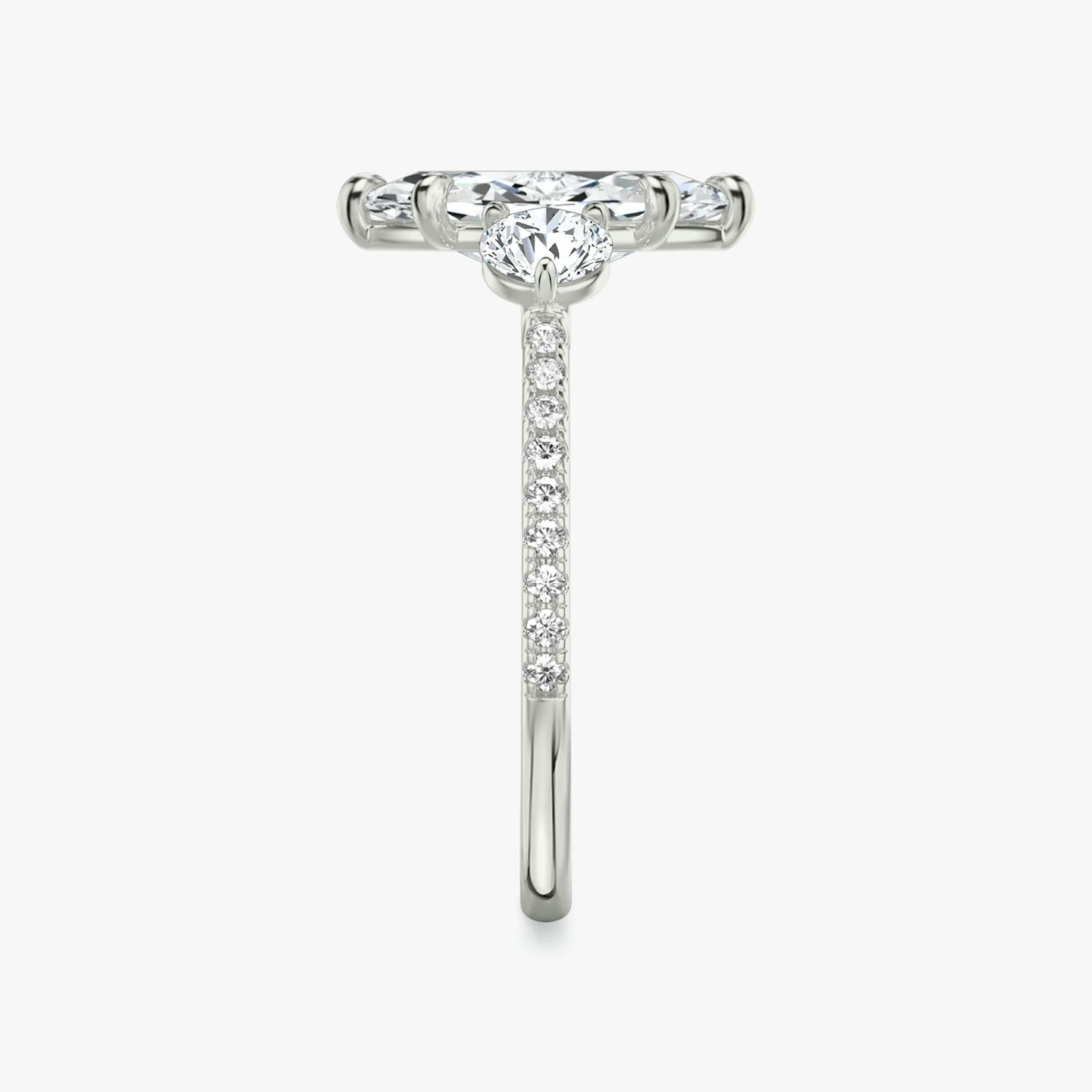 The Three Stone | Pavé Marquise | 18k | 18k White Gold | Band: Pavé | Side stone carat: 1/4 | Side stone shape: Round Brilliant | Diamond orientation: vertical | Carat weight: See full inventory