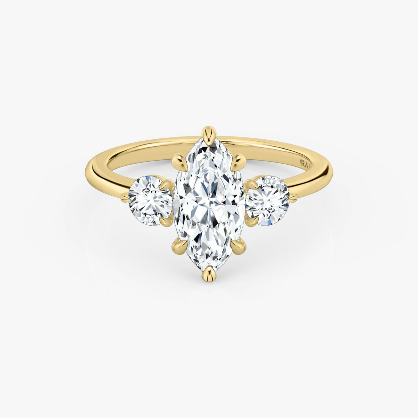 The Three Stone | Pavé Marquise | 18k | 18k Yellow Gold | Band: Plain | Side stone carat: 1/4 | Side stone shape: Round Brilliant | Diamond orientation: vertical | Carat weight: See full inventory