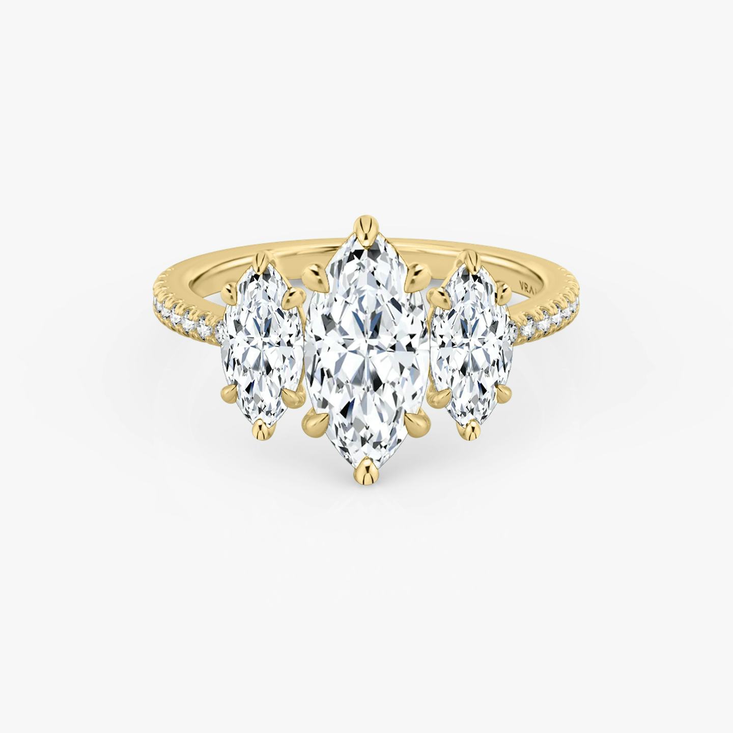 The Three Stone | Pavé Marquise | 18k | 18k Yellow Gold | Band: Pavé | Side stone carat: 1/2 | Side stone shape: Pavé Marquise | Diamond orientation: vertical | Carat weight: See full inventory