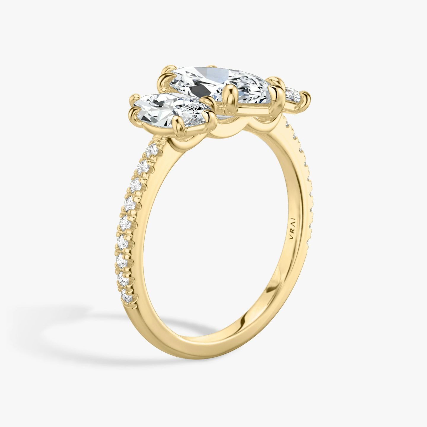 The Three Stone | Pavé Marquise | 18k | 18k Yellow Gold | Band: Pavé | Side stone carat: 1/2 | Side stone shape: Pavé Marquise | Diamond orientation: vertical | Carat weight: See full inventory