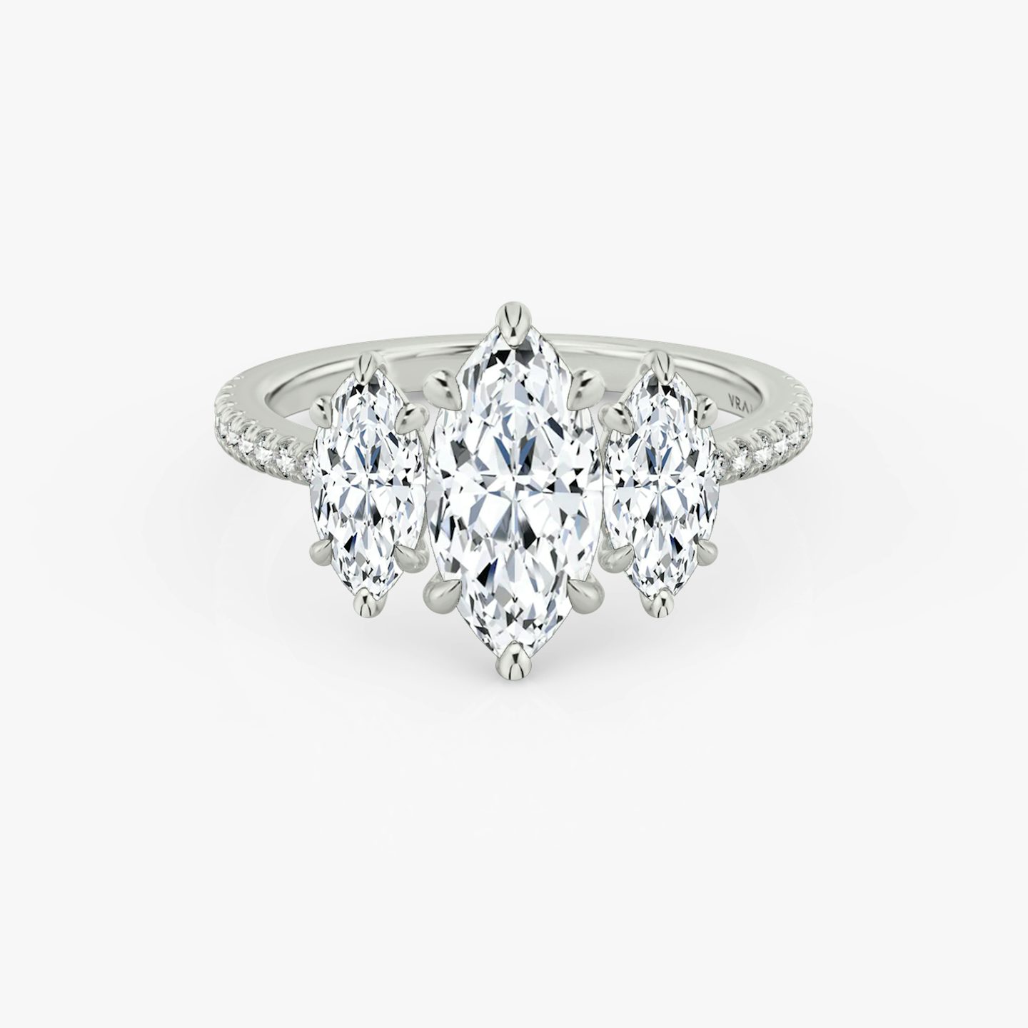 The Three Stone | Pavé Marquise | 18k | 18k White Gold | Band: Pavé | Side stone carat: 1/2 | Side stone shape: Pavé Marquise | Diamond orientation: vertical | Carat weight: See full inventory