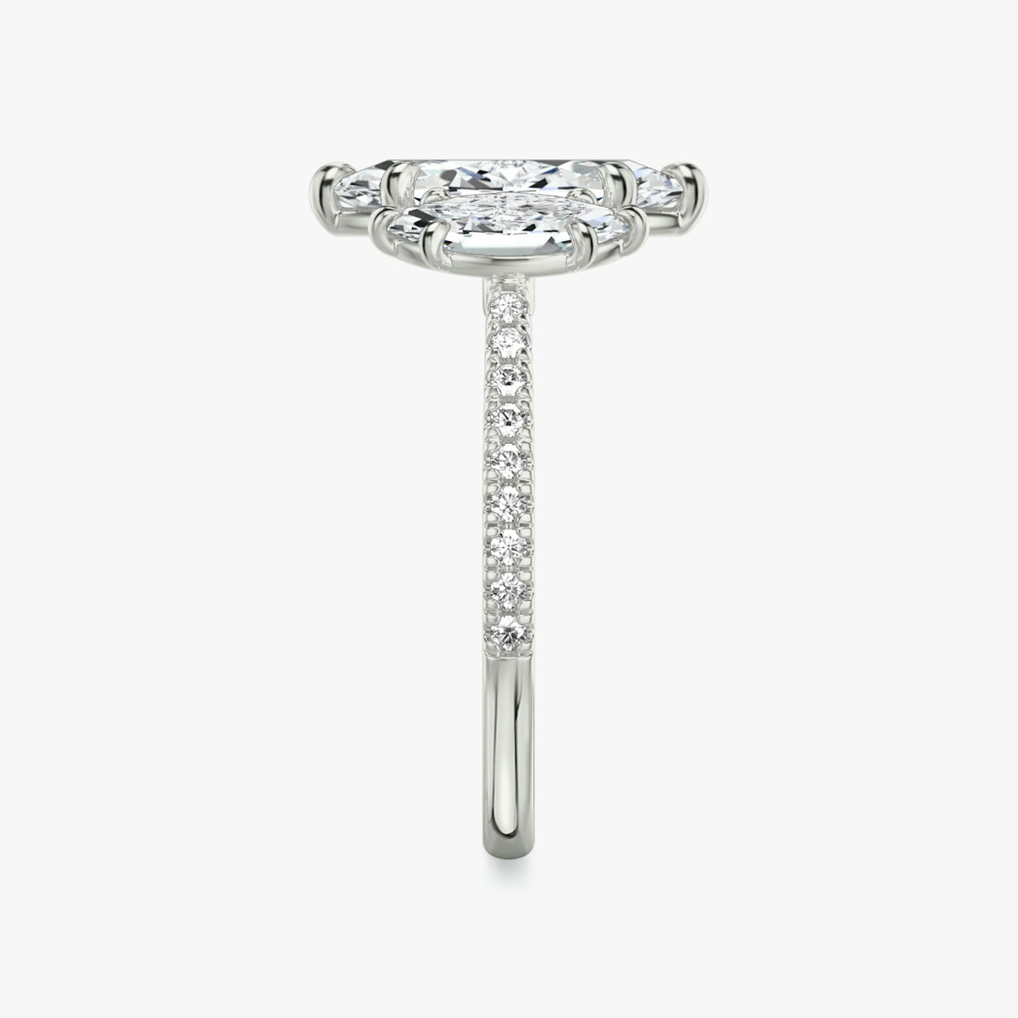 The Three Stone | Pavé Marquise | 18k | 18k White Gold | Band: Pavé | Side stone carat: 1/2 | Side stone shape: Pavé Marquise | Diamond orientation: vertical | Carat weight: See full inventory