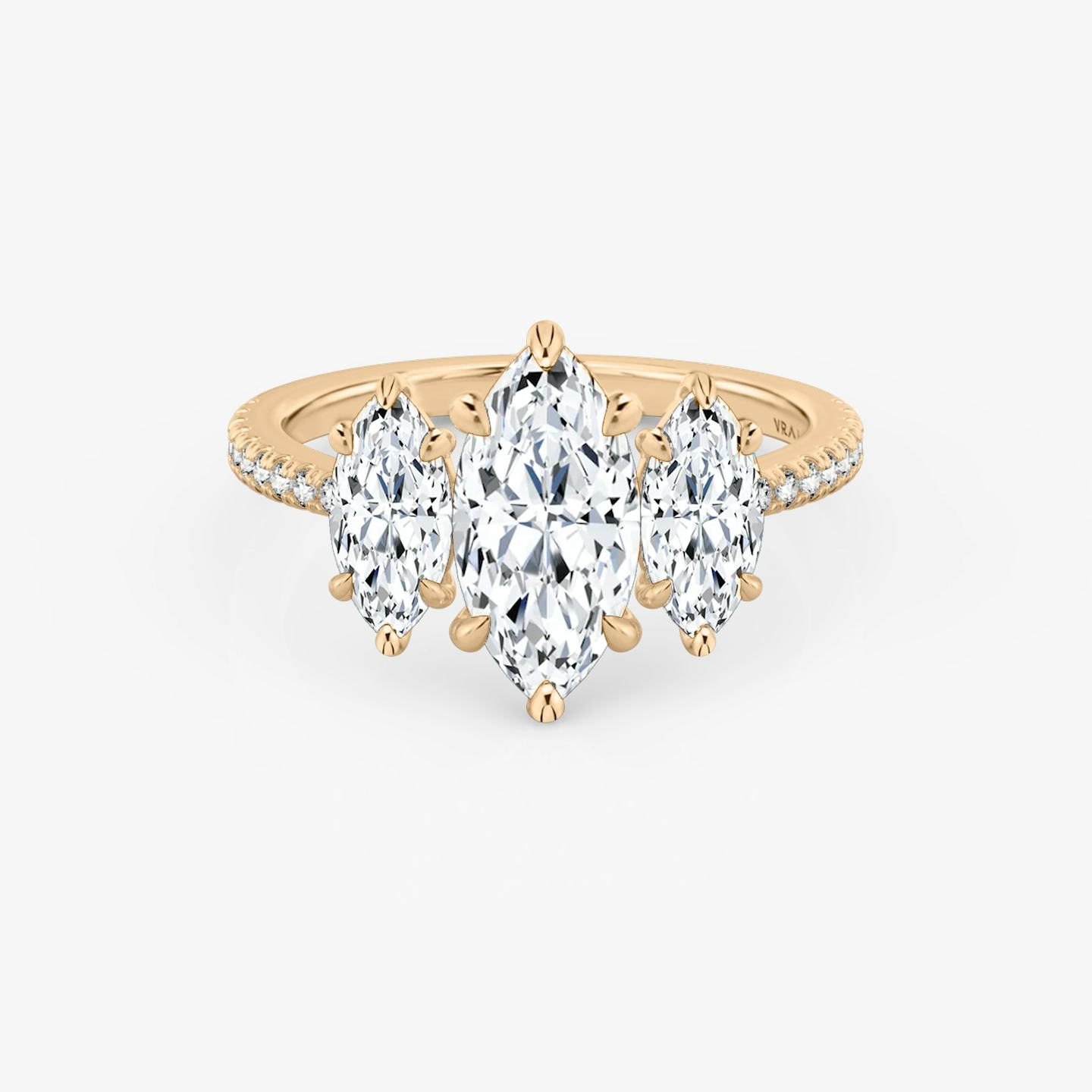 The Three Stone | Pavé Marquise | 14k | 14k Rose Gold | Band: Pavé | Side stone carat: 1/2 | Side stone shape: Pavé Marquise | Diamond orientation: vertical | Carat weight: See full inventory