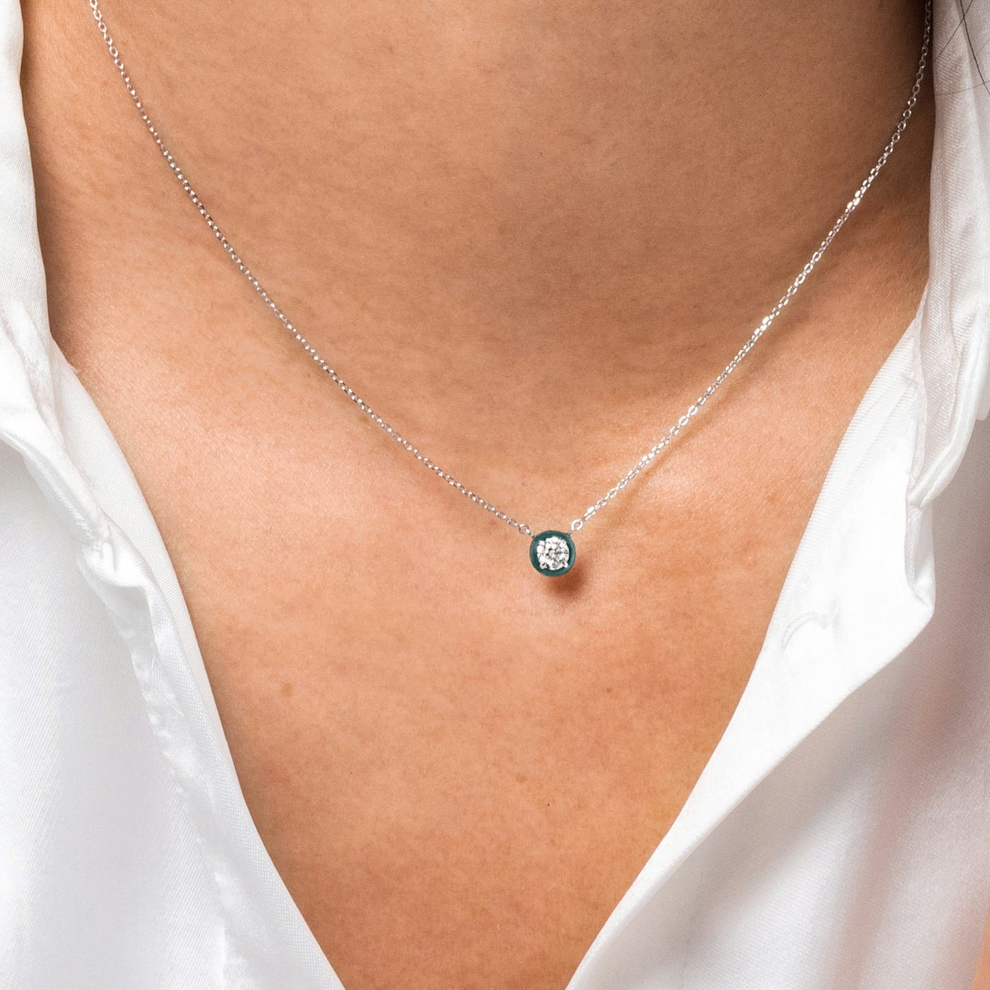 Aura Solitaire Necklace | Round Brilliant | Sterling Silver | Chain length: 16-18 | Ceramic color: Dark green