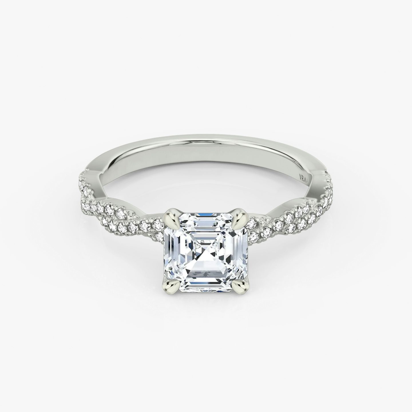 The Twisted Classic | Asscher | Platinum | Band: Double pavé | Diamond orientation: vertical | Carat weight: See full inventory
