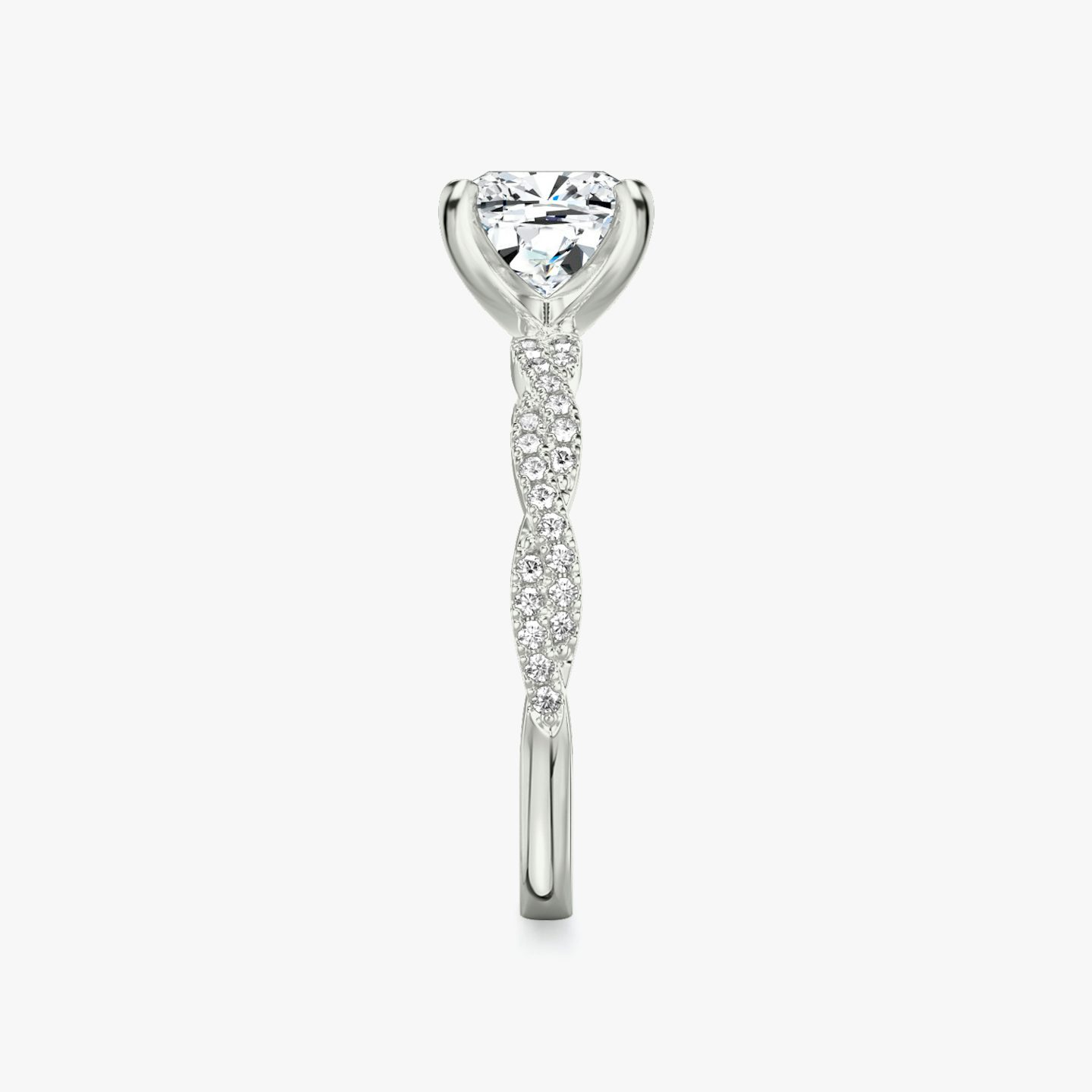 The Twisted Classic | Pavé Cushion | Platinum | Band: Double pavé | Diamond orientation: vertical | Carat weight: See full inventory