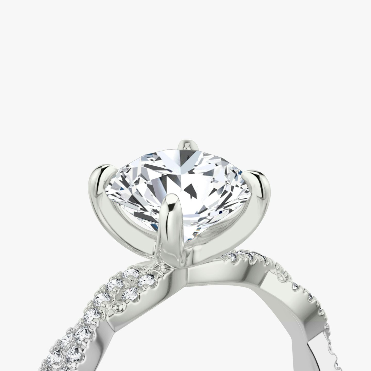 The Twisted Classic | Round Brilliant | Platinum | Band: Double pavé | Carat weight: 1½ | Diamond orientation: vertical