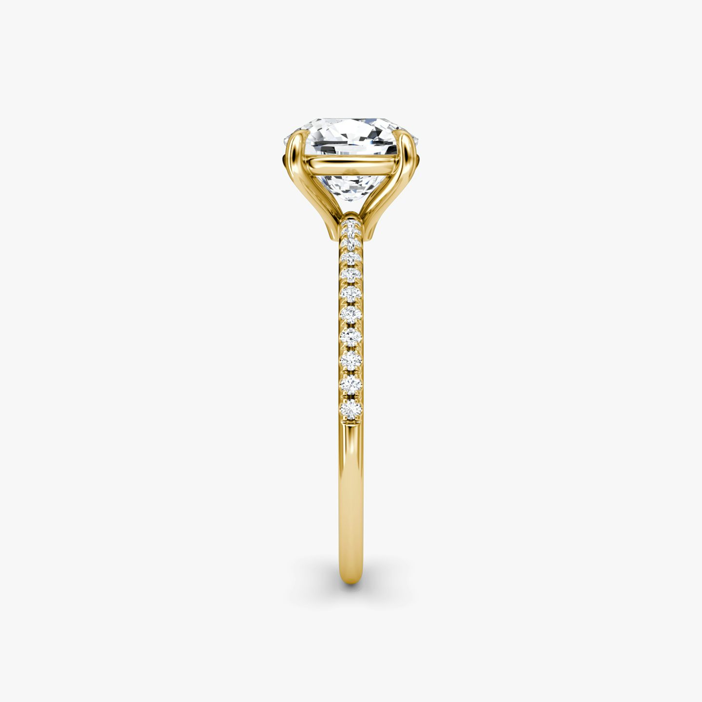 The Petite 4-Prong Solitaire | Pavé Cushion | 18k | 18k Yellow Gold | Band: Pavé | Diamond orientation: vertical | Carat weight: See full inventory