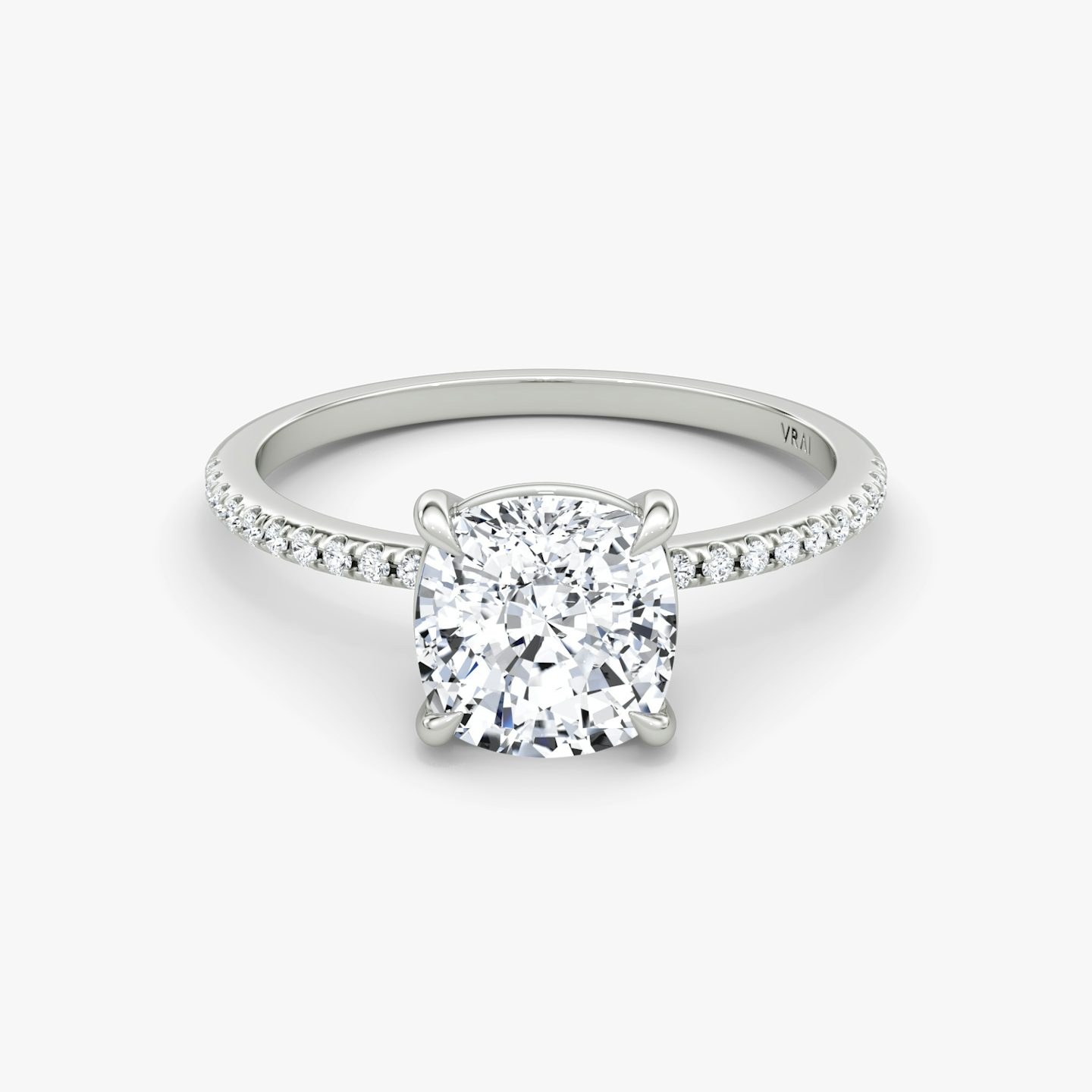 The Petite 4-Prong Solitaire | Pavé Cushion | Platinum | Band: Pavé | Diamond orientation: vertical | Carat weight: See full inventory