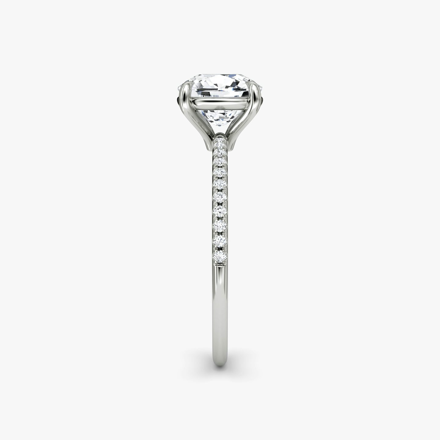 The Petite 4-Prong Solitaire | Pavé Cushion | Platinum | Band: Pavé | Diamond orientation: vertical | Carat weight: See full inventory