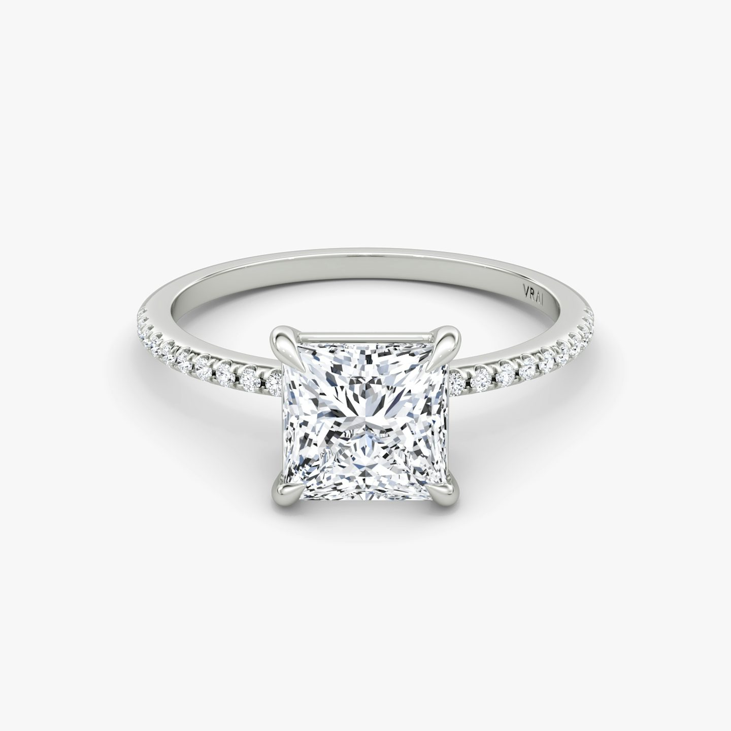 The Petite 4-Prong Solitaire | Princess | Platinum | Band: Pavé | Diamond orientation: vertical | Carat weight: See full inventory