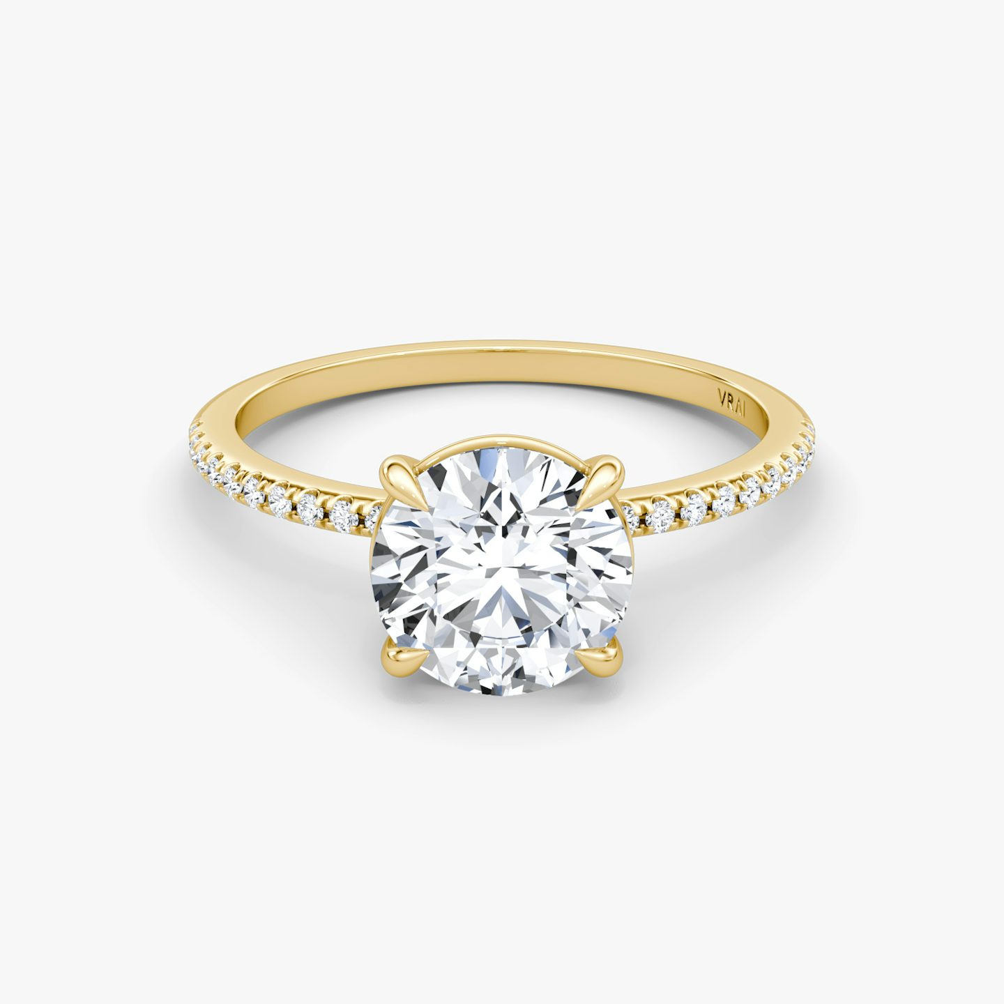 The Petite 4-Prong Solitaire | Round Brilliant | 18k | 18k Yellow Gold | Band: Pavé | Carat weight: 2 | Diamond orientation: vertical