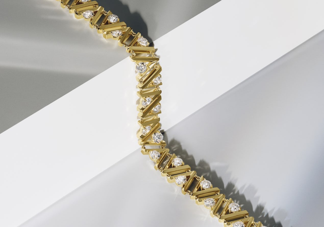 tennis bracelet utilizing a v shaped designed around lab-grown diamonds