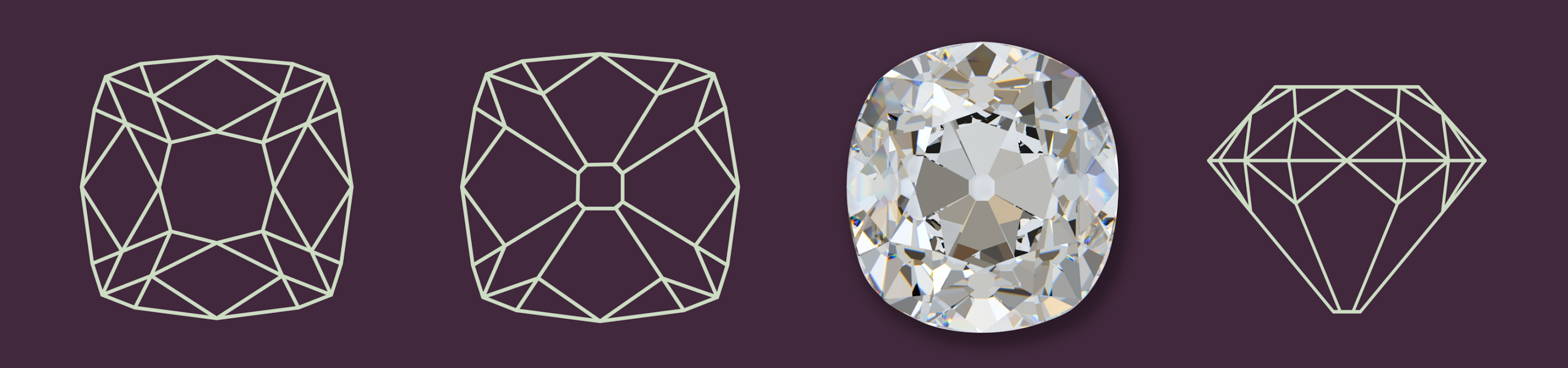 top, bottom, side and rendering of old mine cut diamond