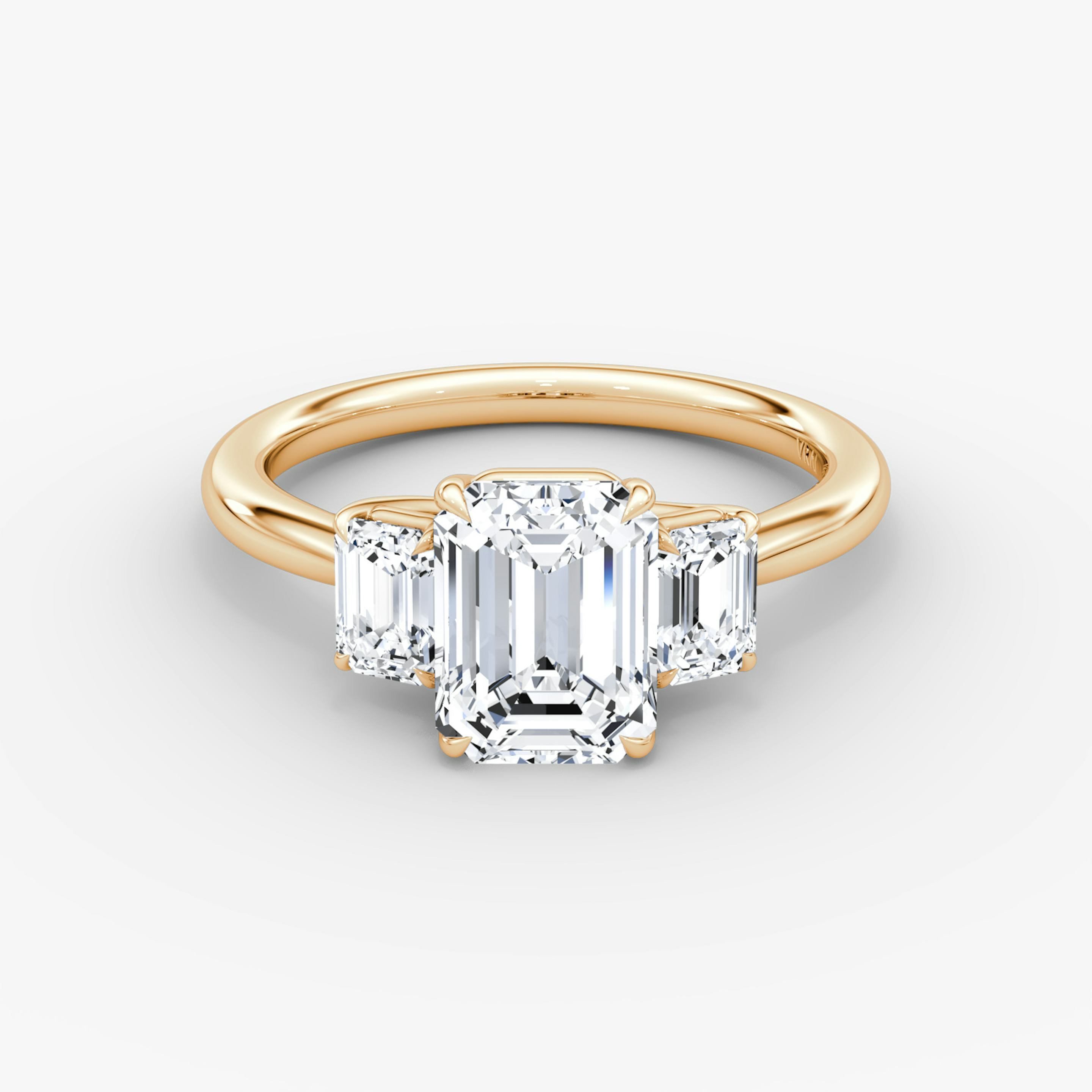 The Trellis Three Stone | Emerald | 14k | 14k Rose Gold | Band: Plain | Diamond orientation: vertical | Carat weight: See full inventory