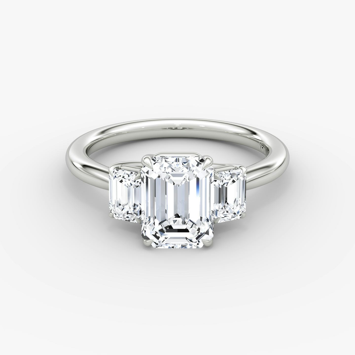 The Trellis Three Stone | Emerald | 18k | 18k White Gold | Band: Plain | Diamond orientation: vertical | Carat weight: See full inventory