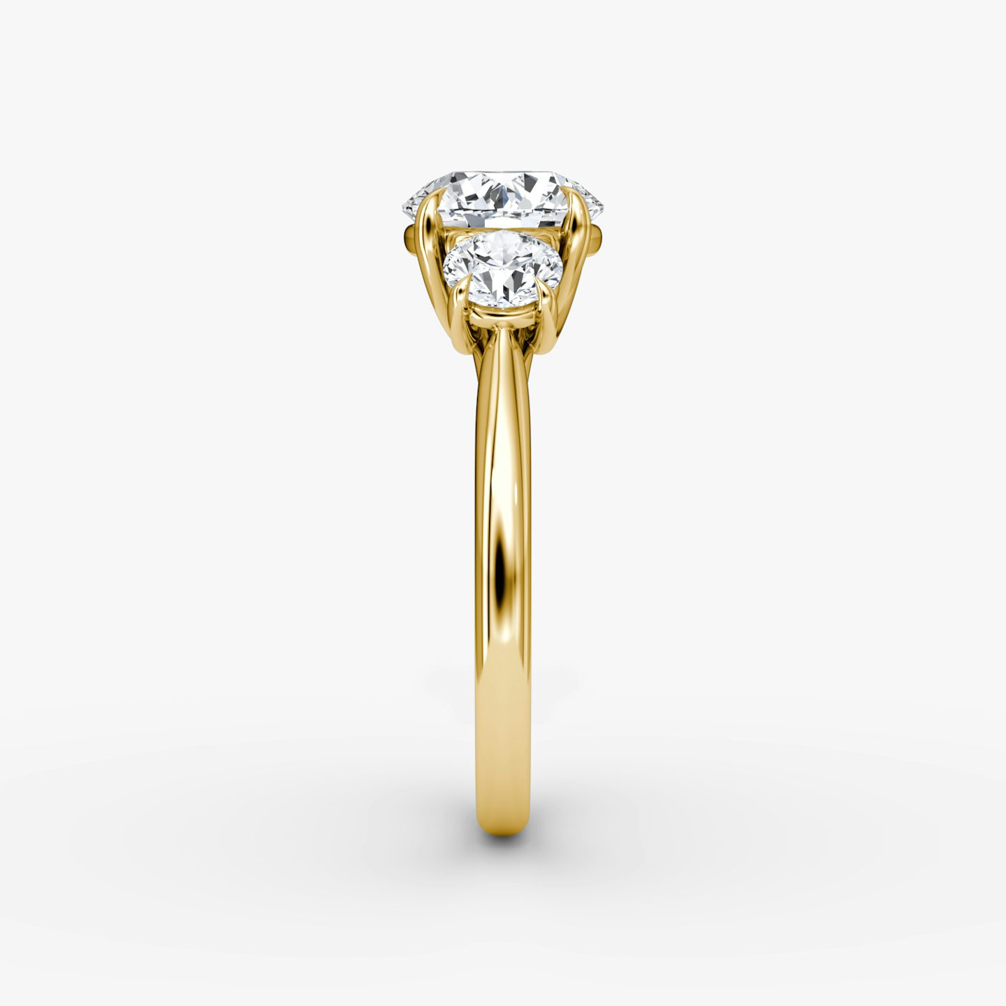 The Trellis Three Stone | Round Brilliant | 18k | 18k Yellow Gold | Band: Plain | Carat weight: 1½ | Diamond orientation: vertical