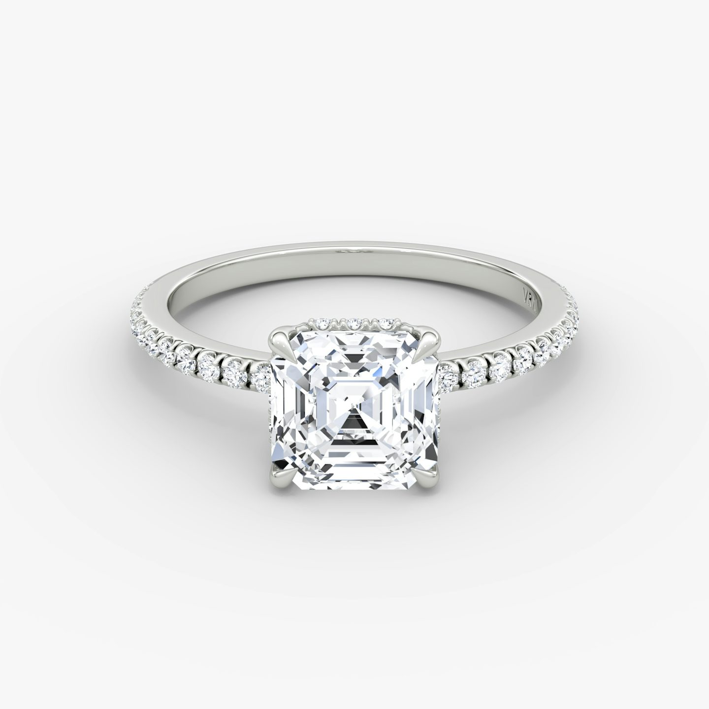 The Signature | Asscher | 18k | 18k White Gold | Band: Pavé | Band width: Standard | Setting style: Hidden Halo | Diamond orientation: Horizontal | Carat weight: See full inventory