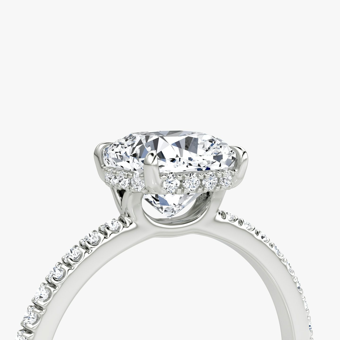The Signature | Pavé Cushion | Platinum | Band: Pavé | Band width: Standard | Setting style: Hidden Halo | Diamond orientation: vertical | Carat weight: See full inventory