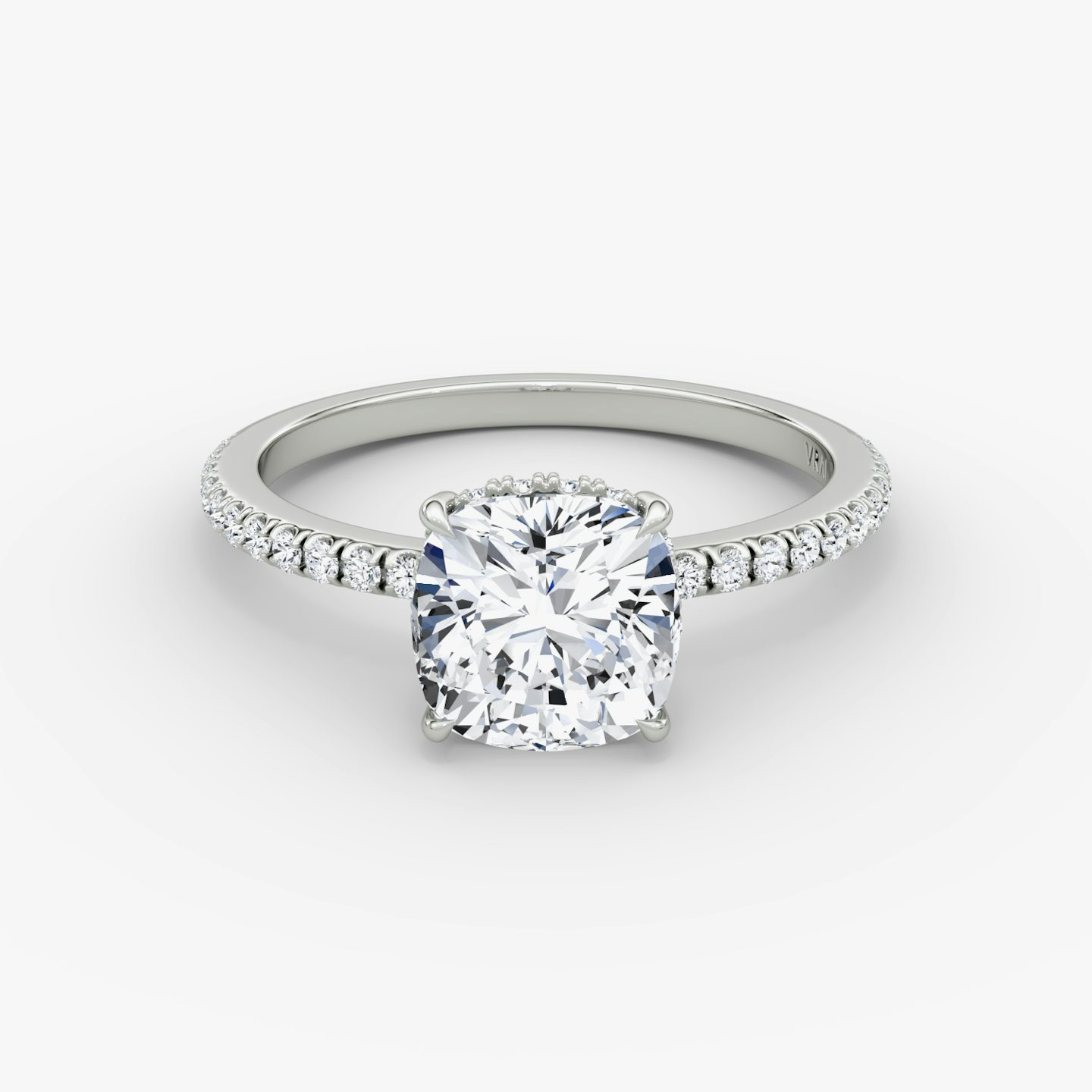 The Signature | Pavé Cushion | Platinum | Band width: Standard | Band: Pavé | Setting style: Hidden Halo | Diamond orientation: vertical | Carat weight: See full inventory