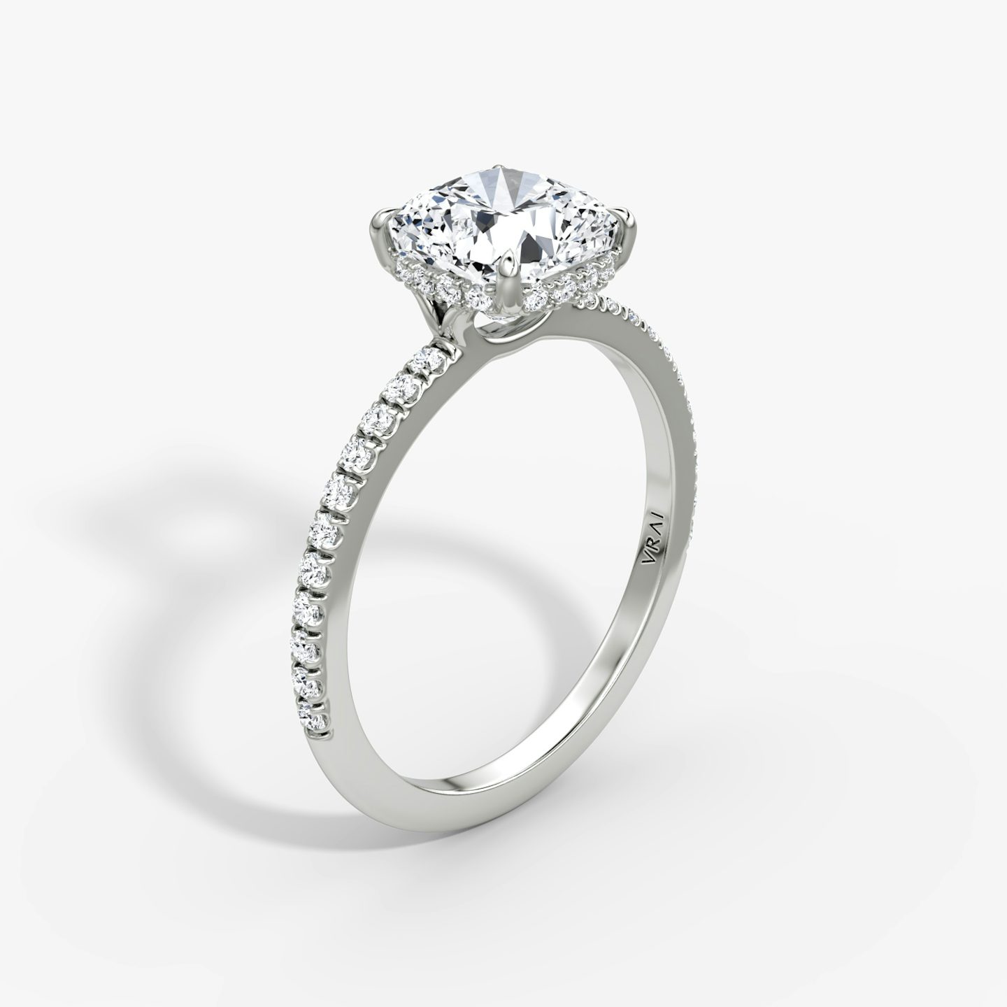 The Signature | Pavé Cushion | 18k | 18k White Gold | Band width: Standard | Band: Pavé | Setting style: Hidden Halo | Diamond orientation: vertical | Carat weight: See full inventory