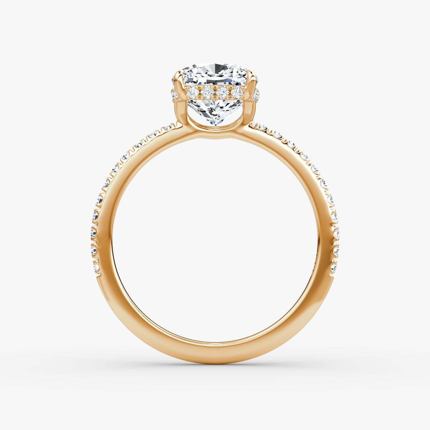 The Signature | Pavé Cushion | 14k | 14k Rose Gold | Band: Pavé | Band width: Standard | Setting style: Hidden Halo | Diamond orientation: Horizontal | Carat weight: See full inventory