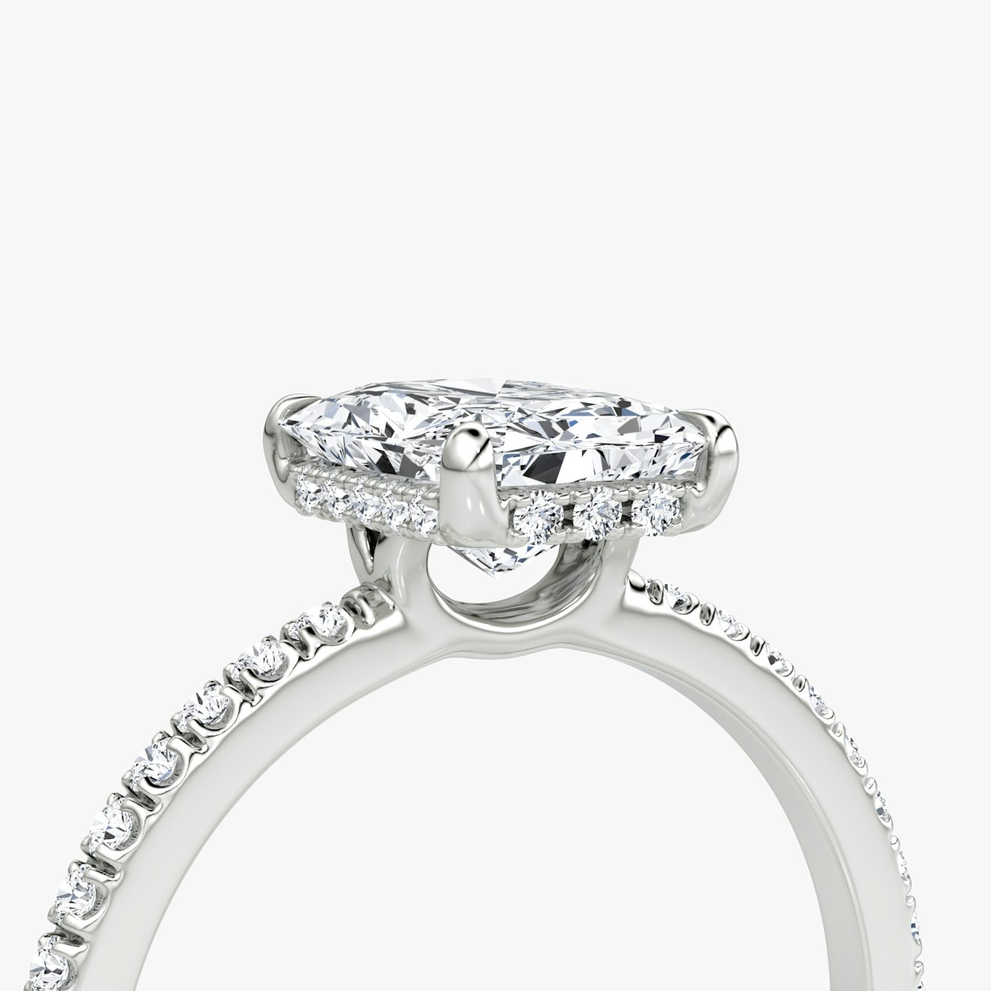 The Signature | Radiant | Platinum | Band: Pavé | Band width: Standard | Setting style: Hidden Halo | Diamond orientation: vertical | Carat weight: See full inventory