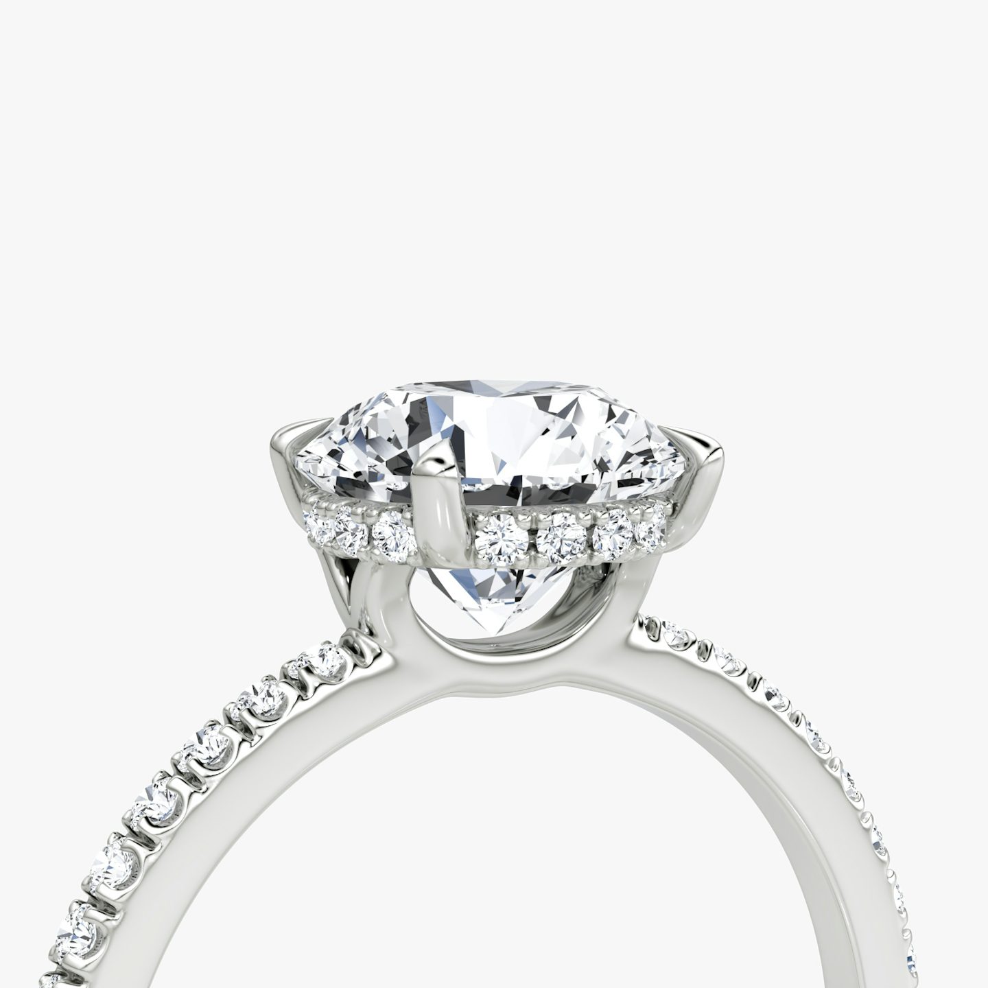 The Signature | Round Brilliant | Platinum | Band: Pavé | Band width: Standard | Carat weight: See full inventory | Setting style: Hidden Halo | Diamond orientation: vertical