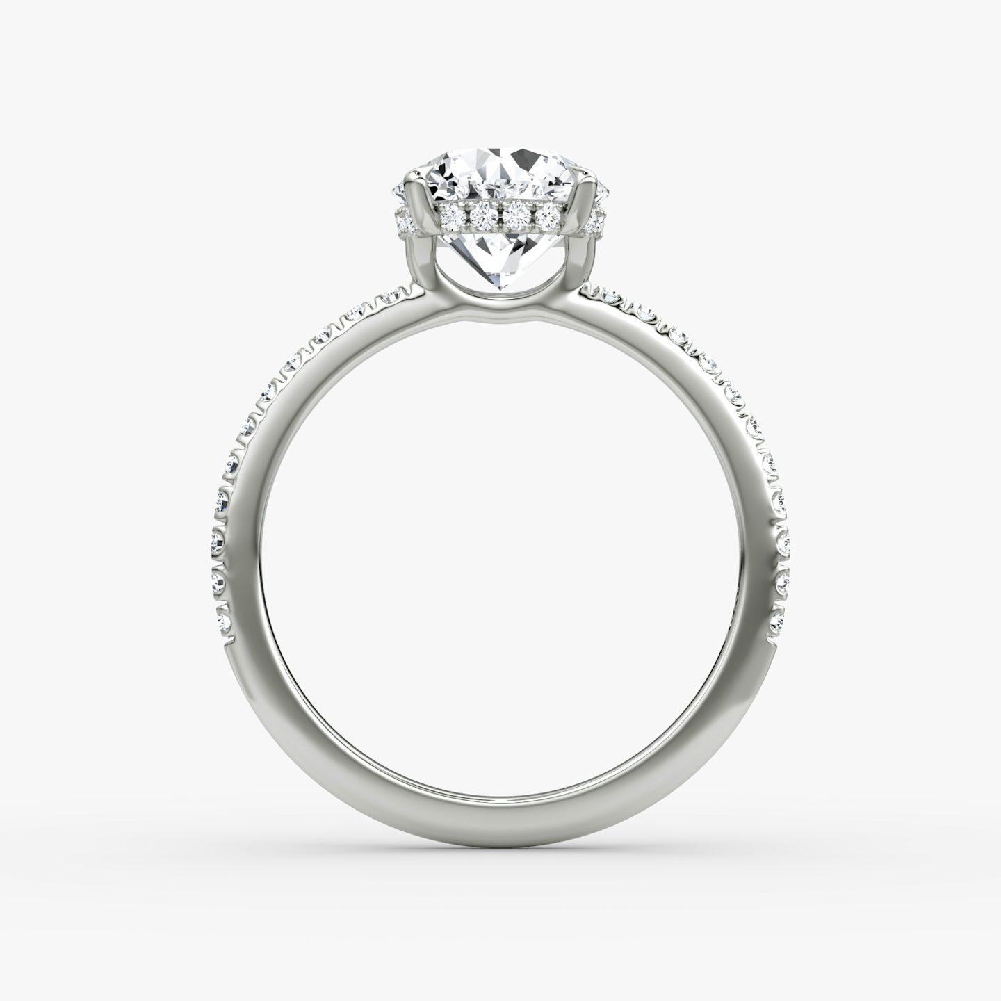 The Signature | Round Brilliant | 18k | 18k White Gold | Band width: Standard | Band: Pavé | Setting style: Hidden Halo | Carat weight: 1 | Diamond orientation: vertical