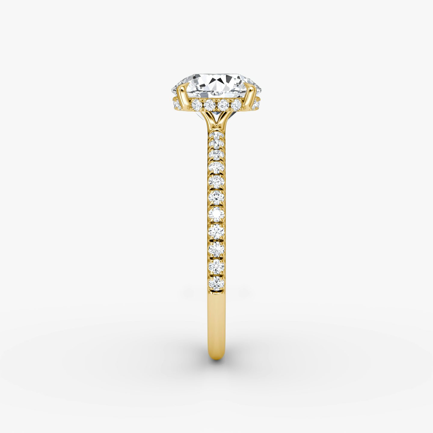The Signature | Round Brilliant | 18k | 18k Yellow Gold | Band width: Standard | Band: Pavé | Setting style: Hidden Halo | Carat weight: 1 | Diamond orientation: vertical