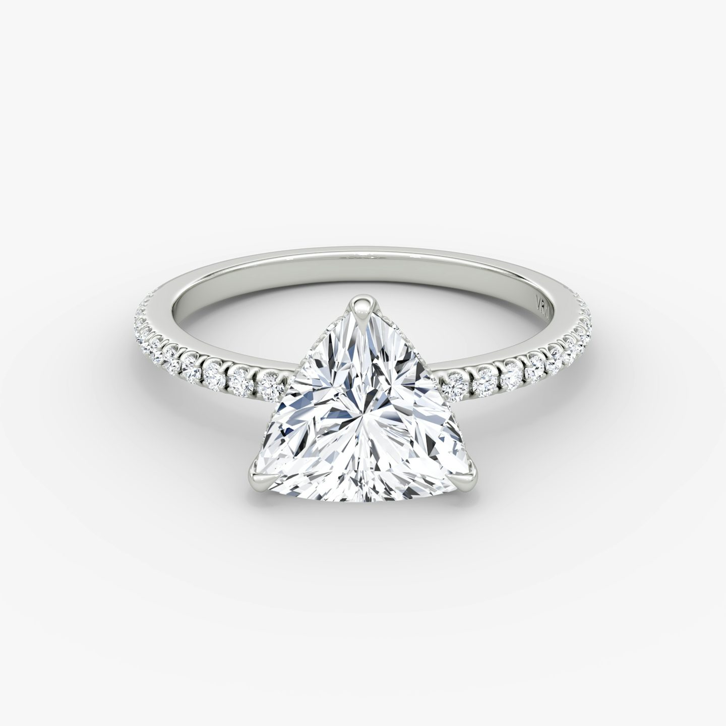 The Signature | Trillion | 18k | 18k White Gold | Band: Pavé | Band width: Standard | Setting style: Hidden Halo | Diamond orientation: Horizontal | Carat weight: See full inventory