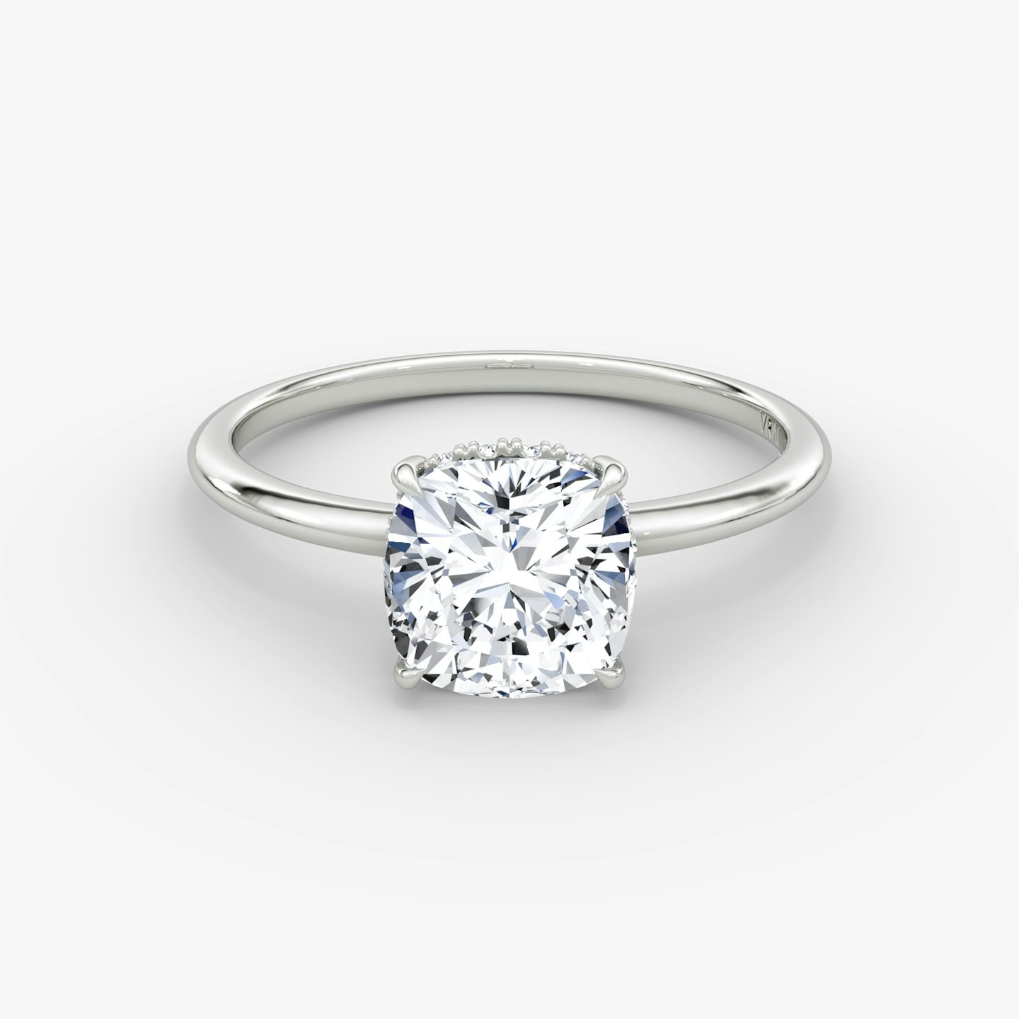 undefined | Pavé Cushion | Platinum | Band width: Standard | Band: Plain | Setting style: Hidden Halo | Diamond orientation: vertical | Carat weight: See full inventory
