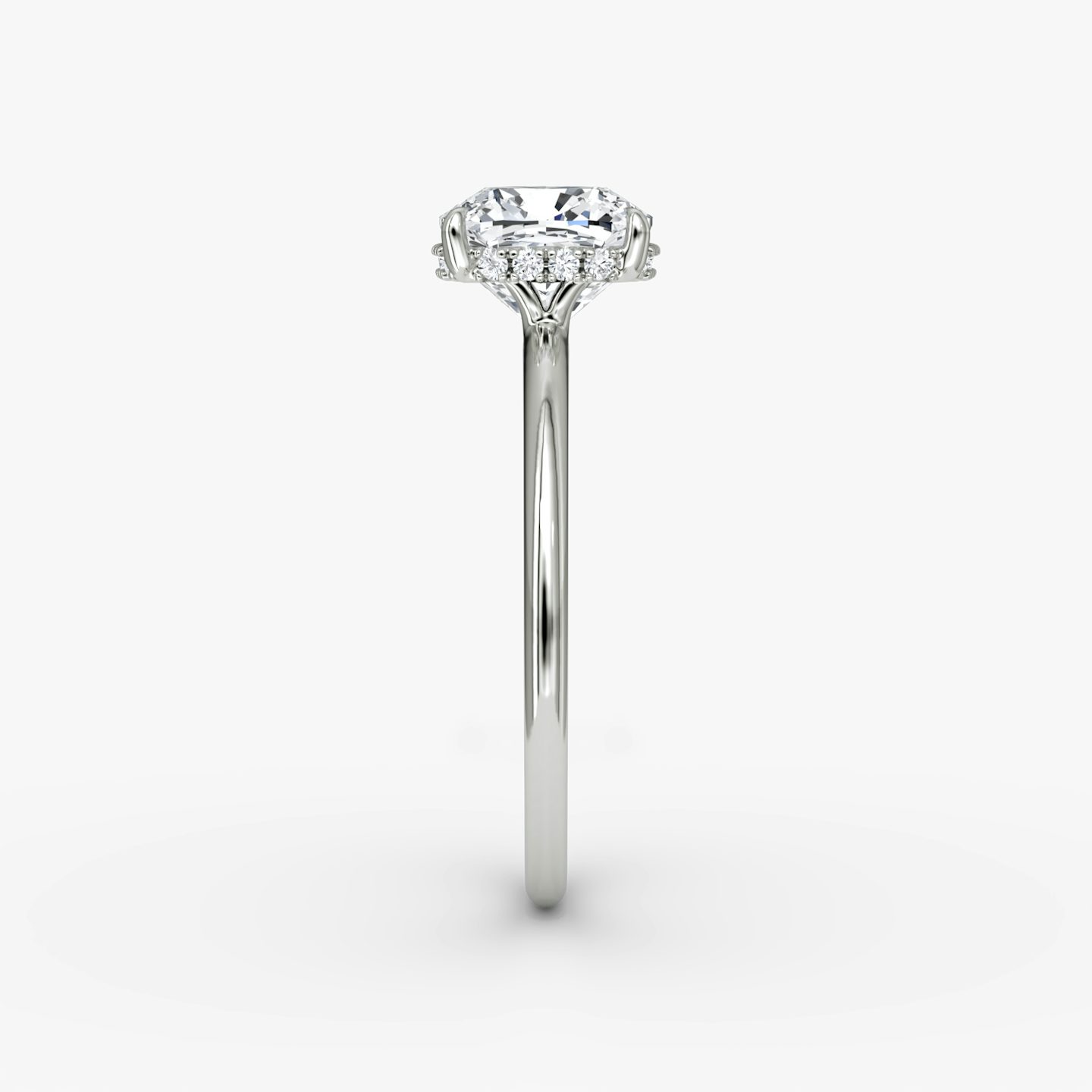 The Signature | Pavé Cushion | Platinum | Band width: Standard | Band: Plain | Setting style: Hidden Halo | Diamond orientation: vertical | Carat weight: See full inventory