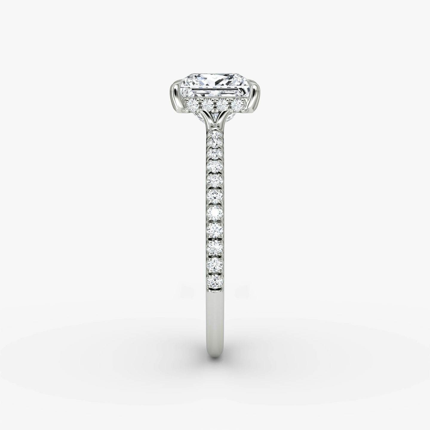 The Signature | Princess | Platinum | Band width: Standard | Band: Pavé | Setting style: Hidden Halo | Diamond orientation: vertical | Carat weight: See full inventory