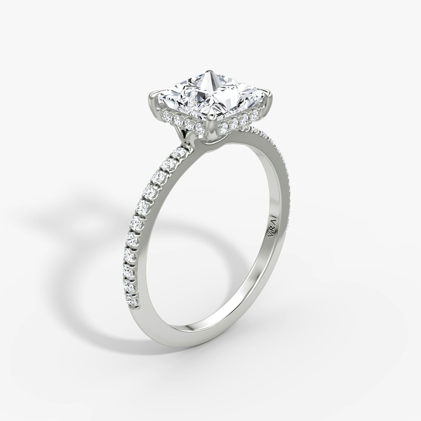 The Signature | Princess | 18k | 18k White Gold | Band: Pavé | Band width: Standard | Setting style: Hidden Halo | Diamond orientation: vertical | Carat weight: See full inventory